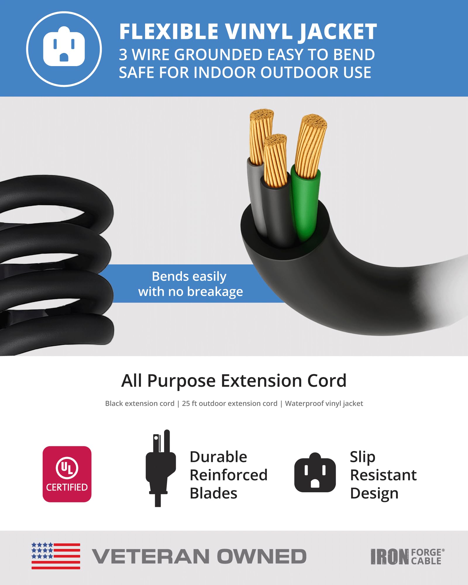 Iron Forge Cable Cable de extensión resistente a la intemperie de 25 pies, 16/3 SJTW, cable de extensión negro resistente, 3 clavijas, cable de alimentación exterior de 13 amperios para luces al aire