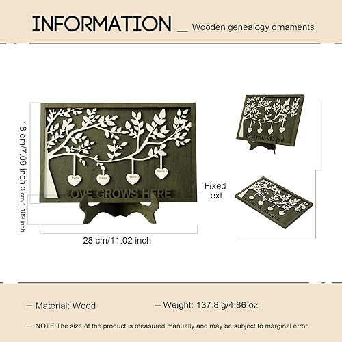 Vista 163 de Árbol genealógico con etiqueta de corazón, placas de madera grabadas personalizadas, regalos personalizados para madres, padres, escritorio, nombres