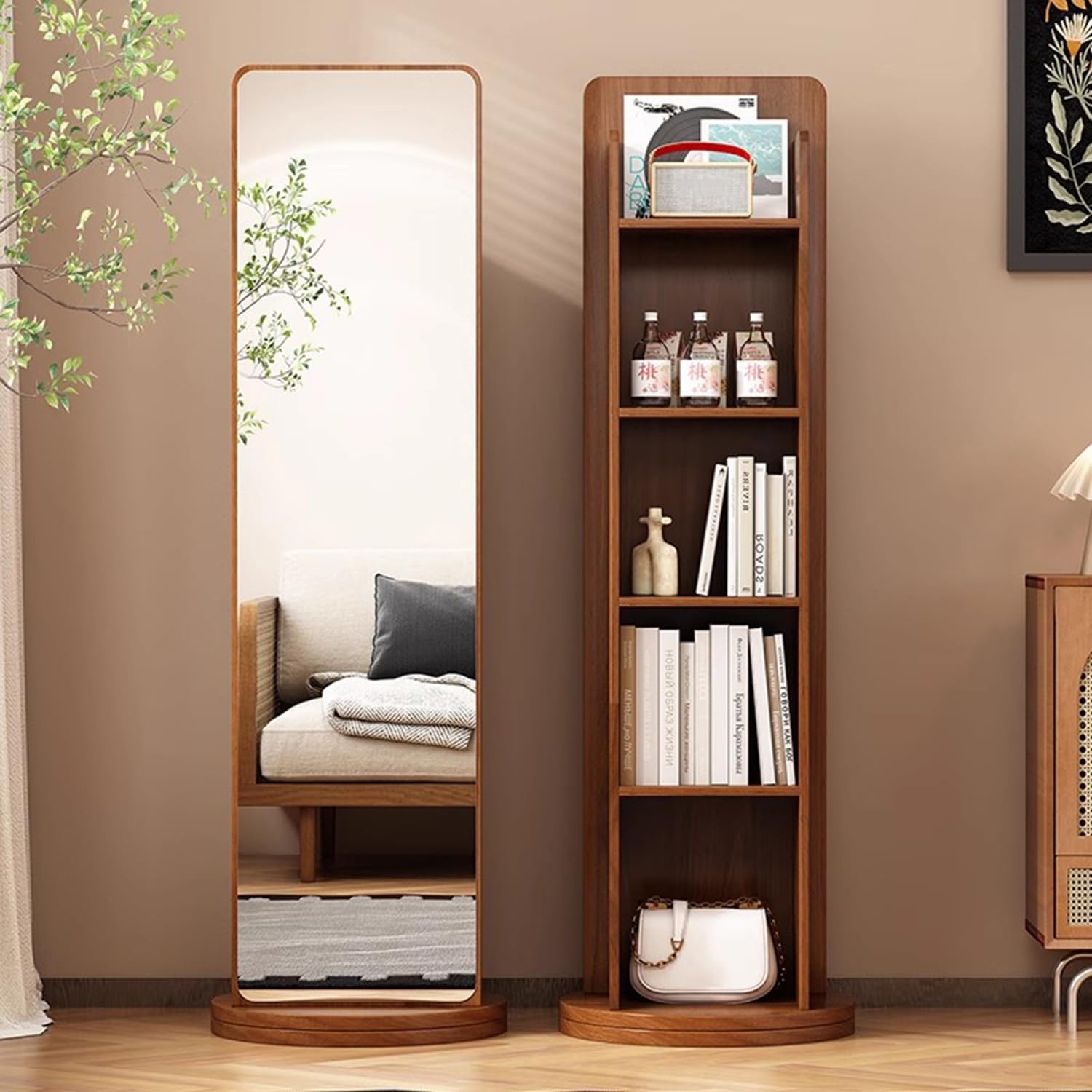 66"x13.8" Full Length Mirror with Stand, Bookshelf with Mirror, Oversize Standing Floor Mirror, Swivel Mirrorfor Bedroom, Living Room, Cloakroom (White)