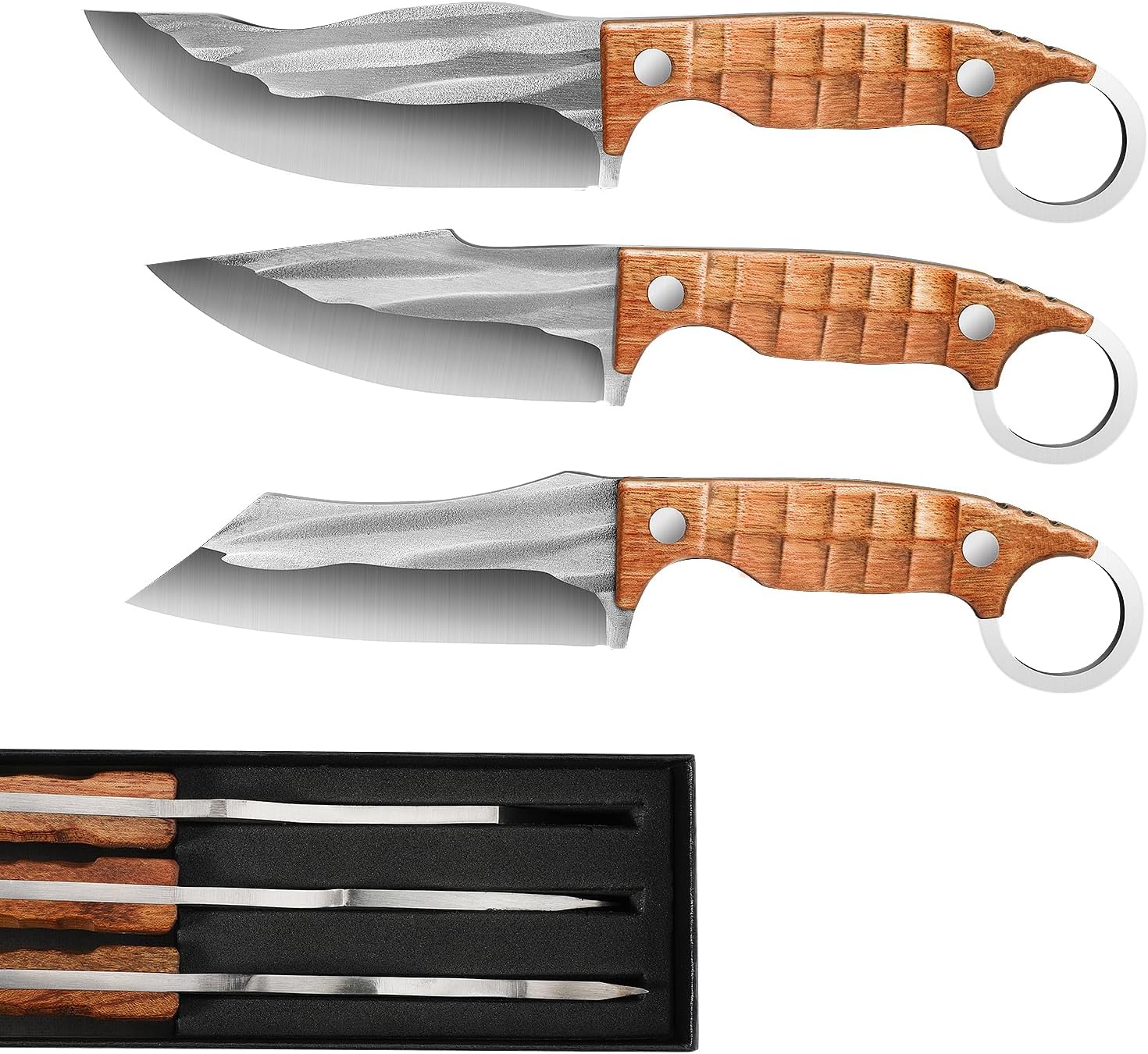 Plys 3-Piece Fixed Blade Hunting Knife Set, 420J2 Stainless Steel Full Tang Survival Knives, Rosewood Non-Slip Handle, Outdoor Camping Hiking Kitchen Knife Not Sheath