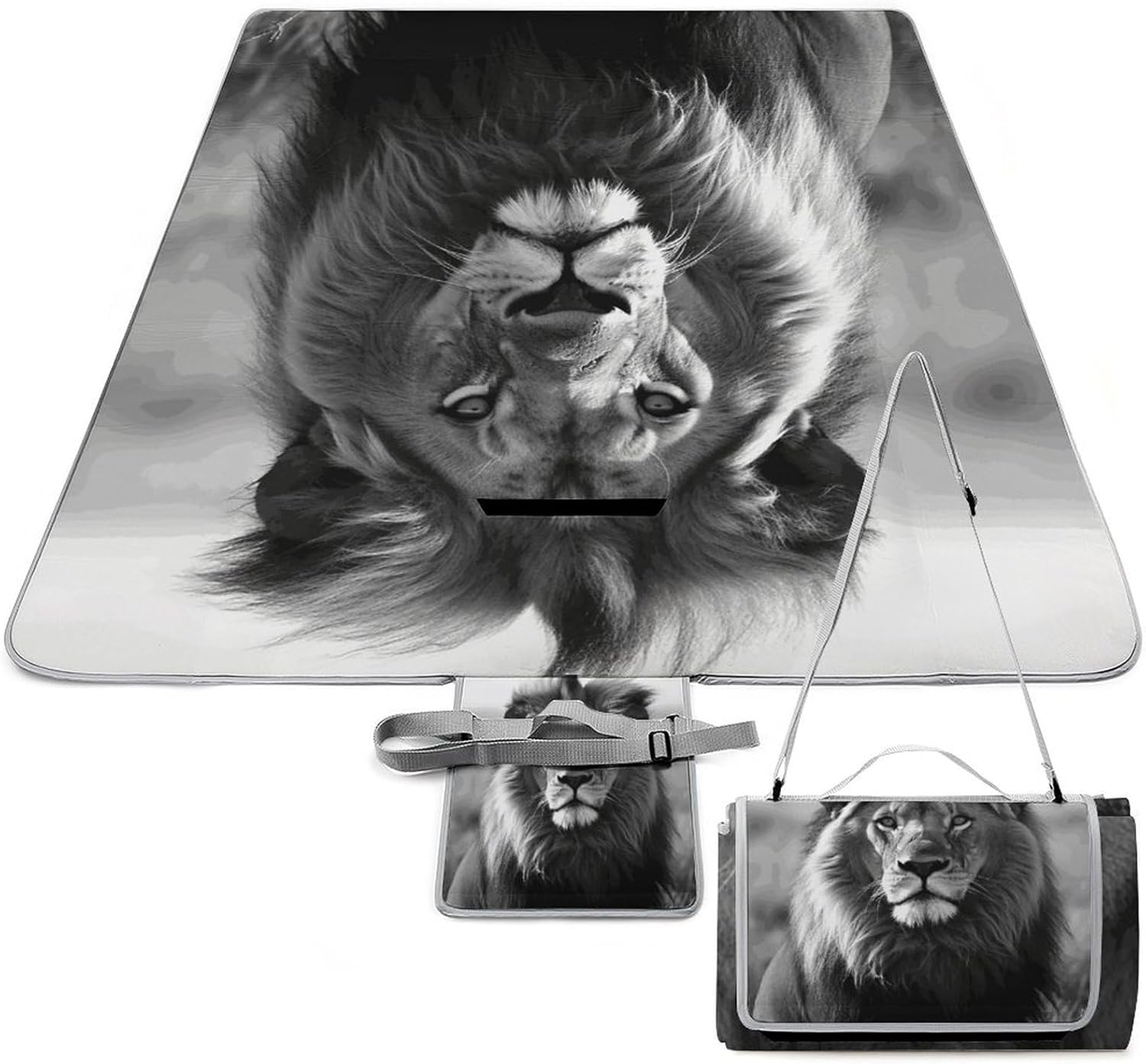 African Lion Black and White Waterproof Picnic Blanket 58.3''x58.3'',Portable and Foldable Picnic Mat with Handle,Outdoor Blankets for Lawn Park Beach Travel