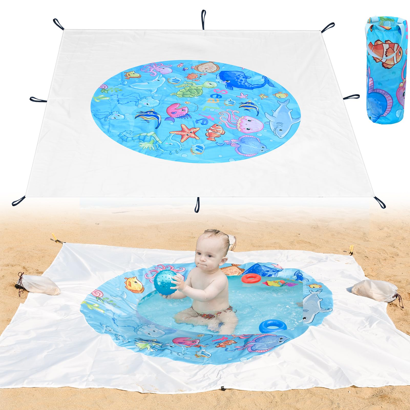 Portable Square Baby Beach Pool, 6.5 X 6.5 Feet Marine Cartoon Animals Toddler Puddle Pool Blue 2 in 1 Childs Beach Blanket and Kiddie Pools Flexible