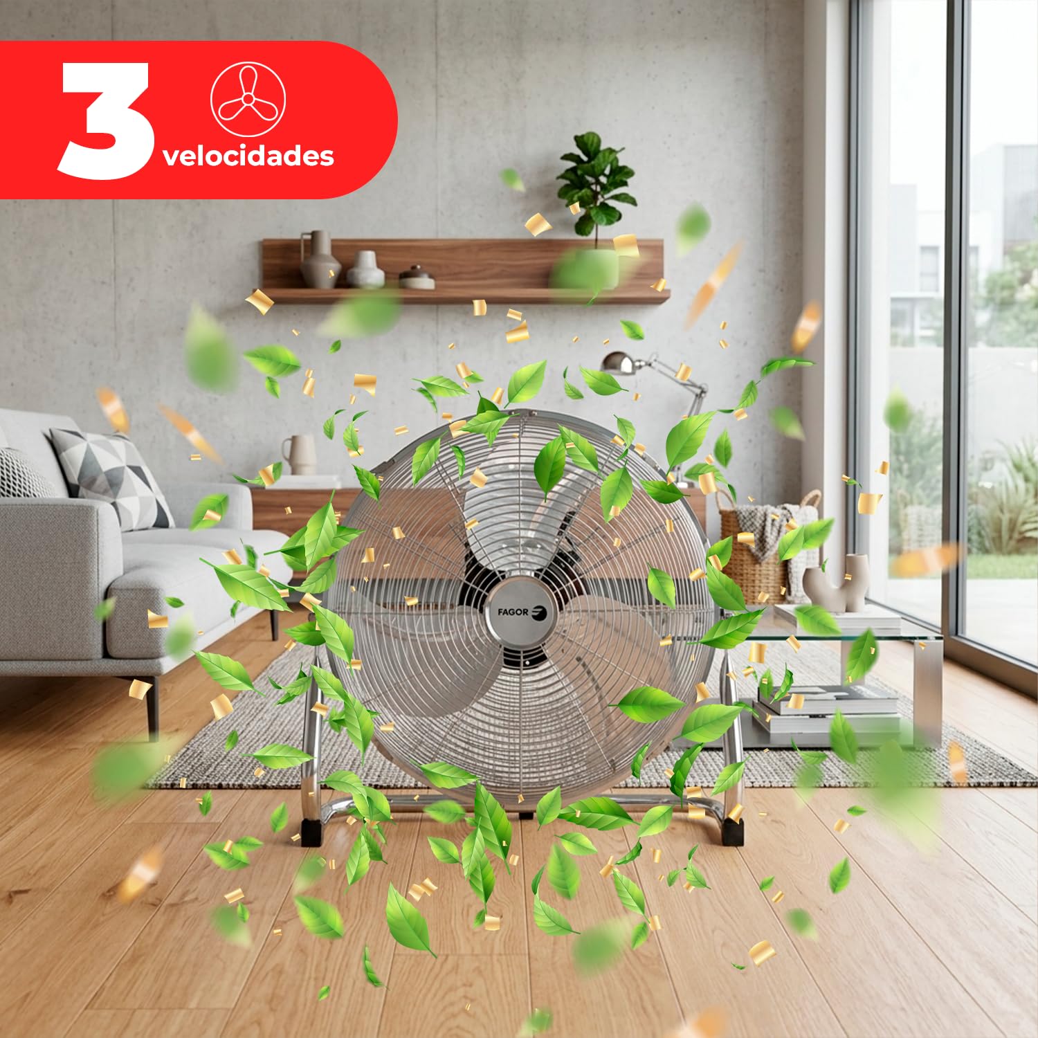 Fagor Industrieller Standventilator, 80 W, Aero Metall, 3 Geschwindigkeiten, Aluminiummotor, 3 leistungsstarke Aluminiumflügel, leistungsstarker Ventilator für Werkstatt, Garage, Büro oder Zuhause