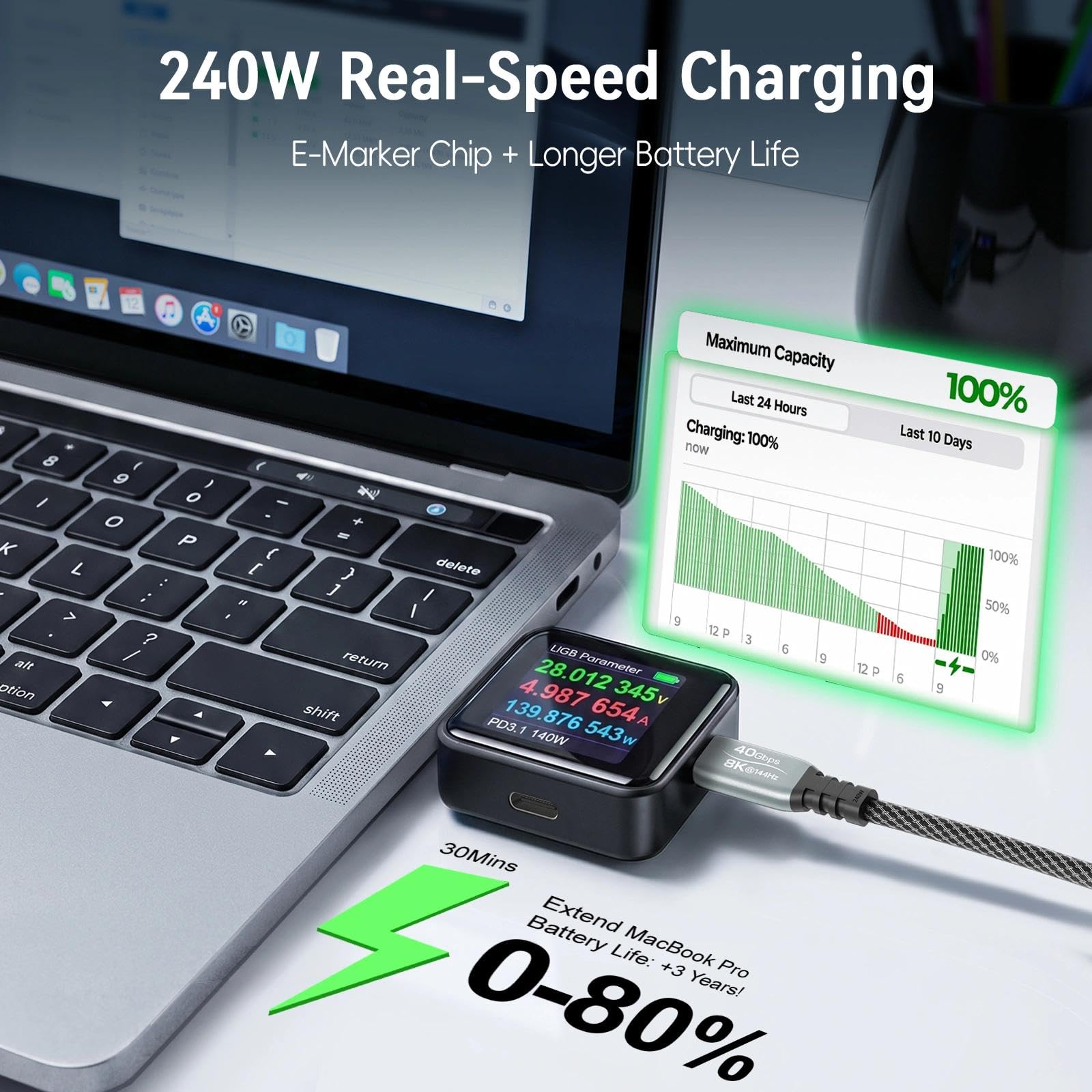 ZeroneTeck Câble USB4 avec alliage de zinc, 8K @ 144 Hz HDR, 40 Gbit/s, 240