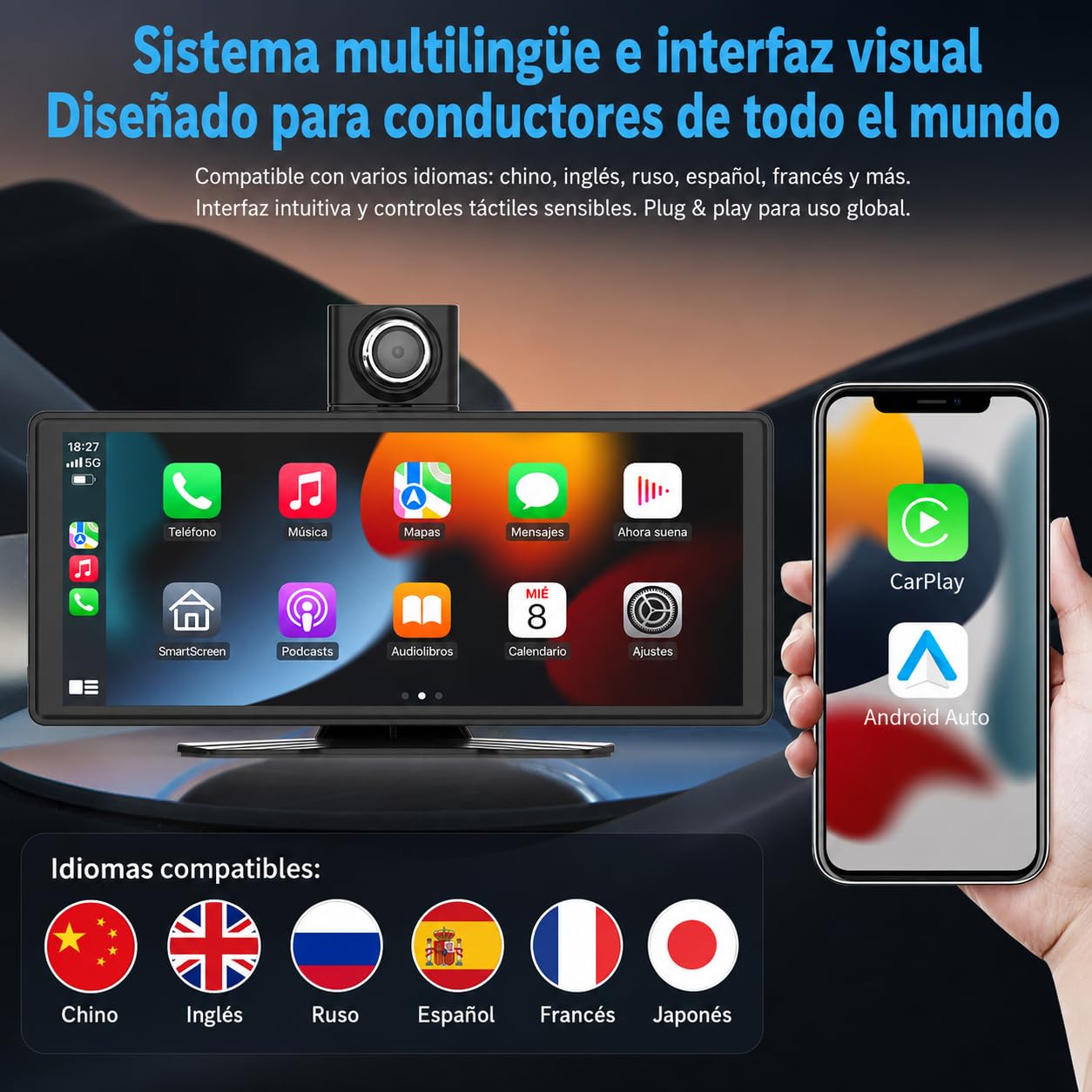 Pantalla CarPlay Coche 10,26", Pantalla Portátil para Coche con CarPlay Inalámbrico y Android Auto, Dash CAM 4K, Admite Cámara Trasera 1080P, IPS Táctil, Mirror Link, BT/FM/AUX, 64GB TF, 12V/24V