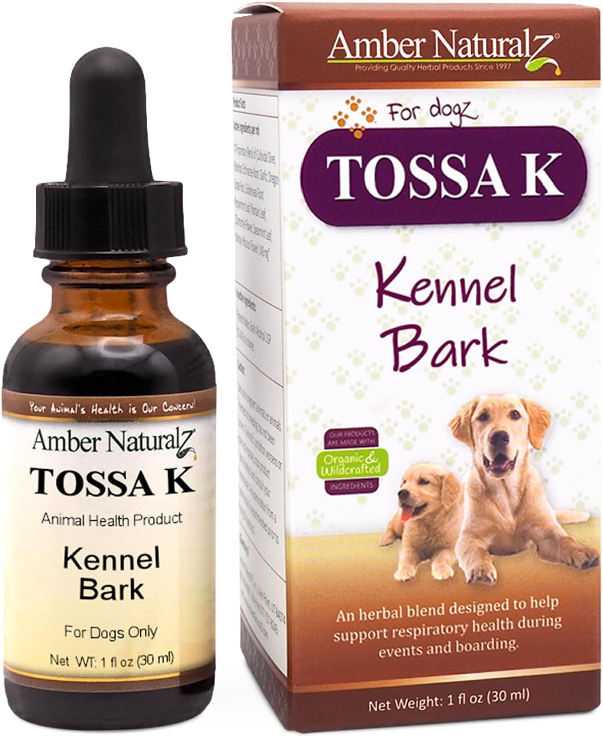 Tossa K Kennel Bark Herbal Supplements for Dogs and Puppies | Canine Herbal Blend for Respiratory Health | 1 Fluid Ounce Glass Bottle | Globally Sourced Ingredients | Made in The USA