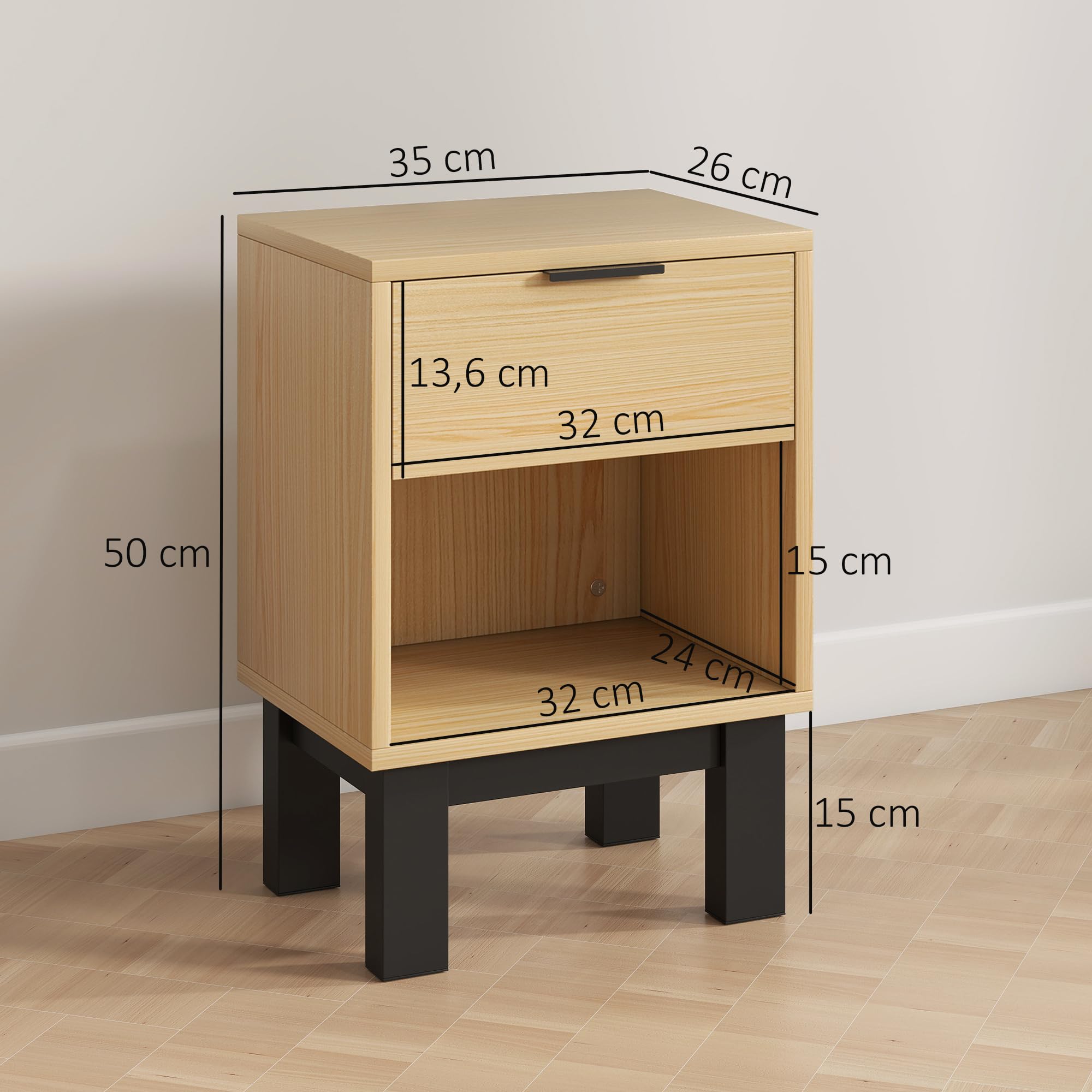 HOMCOM Juego de 2 Mesitas de Noche Estrechas, Pack 2, 35x26x50 cm Roble