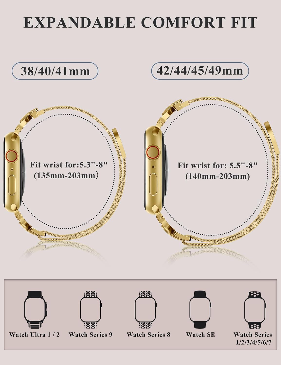Stainless Steel Magnetic Loop Compatible with Apple Watch Band 38mm 40mm 41mm 42mm Women Metal Mesh D-shaped Clasp Strap for iWatch SE Series 10/9/8/7/6/5/4/3/2/1/Ultra(1/2) Gold