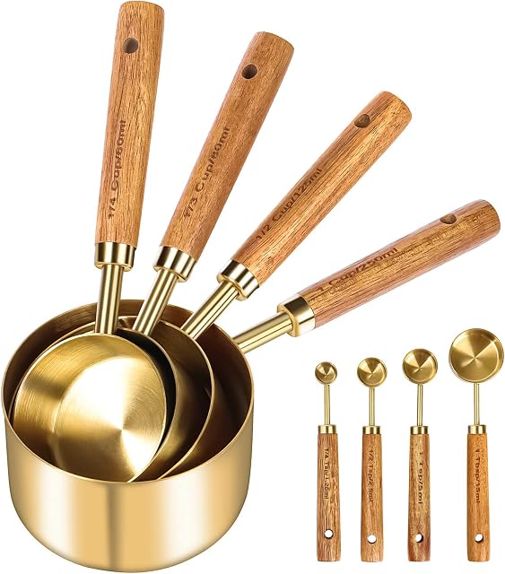 Cuteefun Measuring Cups and Spoons Set of 8, Wooden Handle, with Metric and US Measurements, Premium Stainless Steel, Gold Polished Finish, Dry & Liquid Measuring Cup, for Cooking and Baking