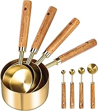 Cuteefun Measuring Cups and Spoons Set of 8, Wooden Handle, with Metric and US Measurements, Premium Stainless Steel, Gold Polished Finish, Dry & Liquid Measuring Cup, for Cooking and Baking