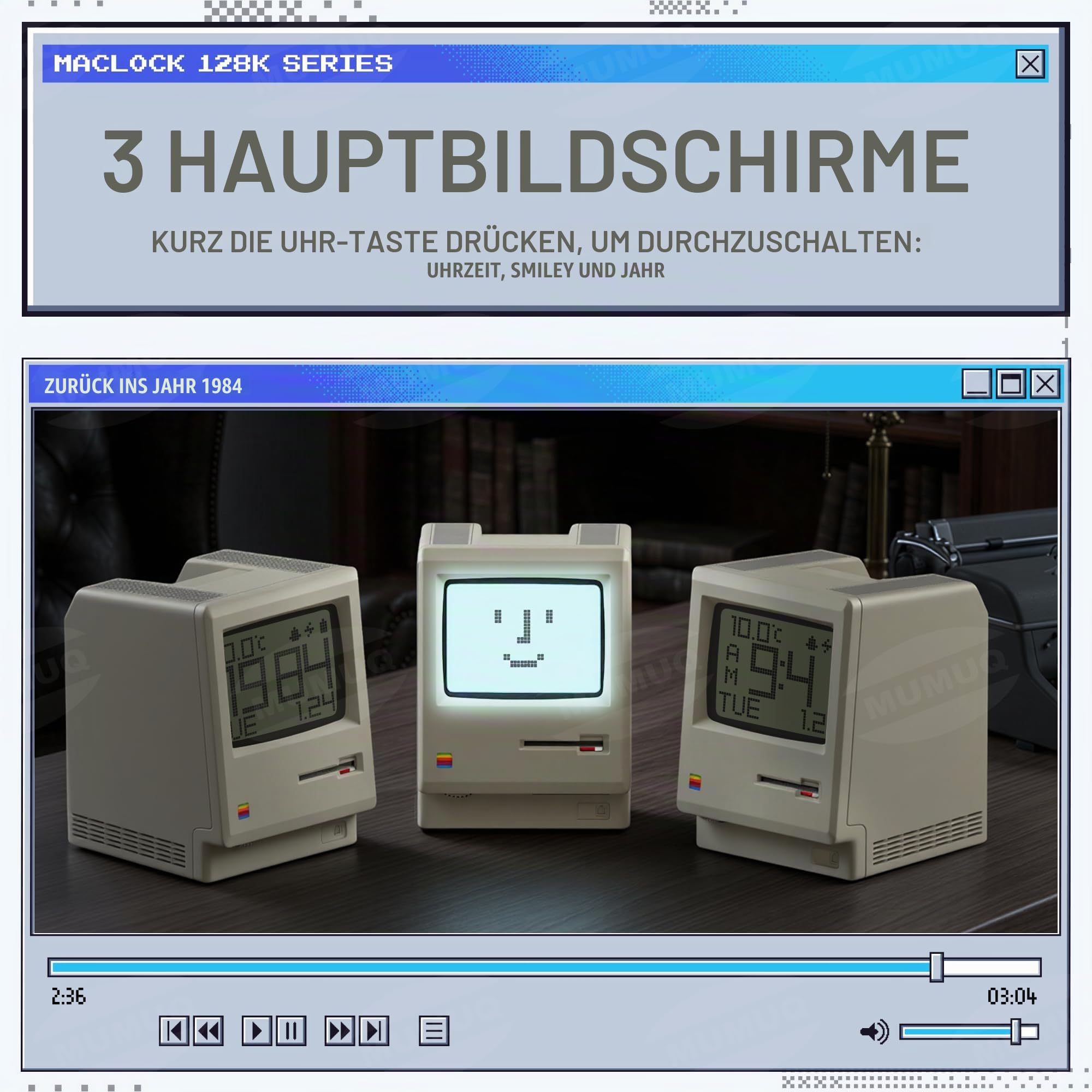Maclock Retro Wecker Digital Vintage Computer Deko mit Pixel LCD Display | 5 Alarmmodi, Warmes Dimmer & Diskette-Accessoire, Nostalgisches Geschenk für Schlafzimmer, Home Office, Gaming-Setup
