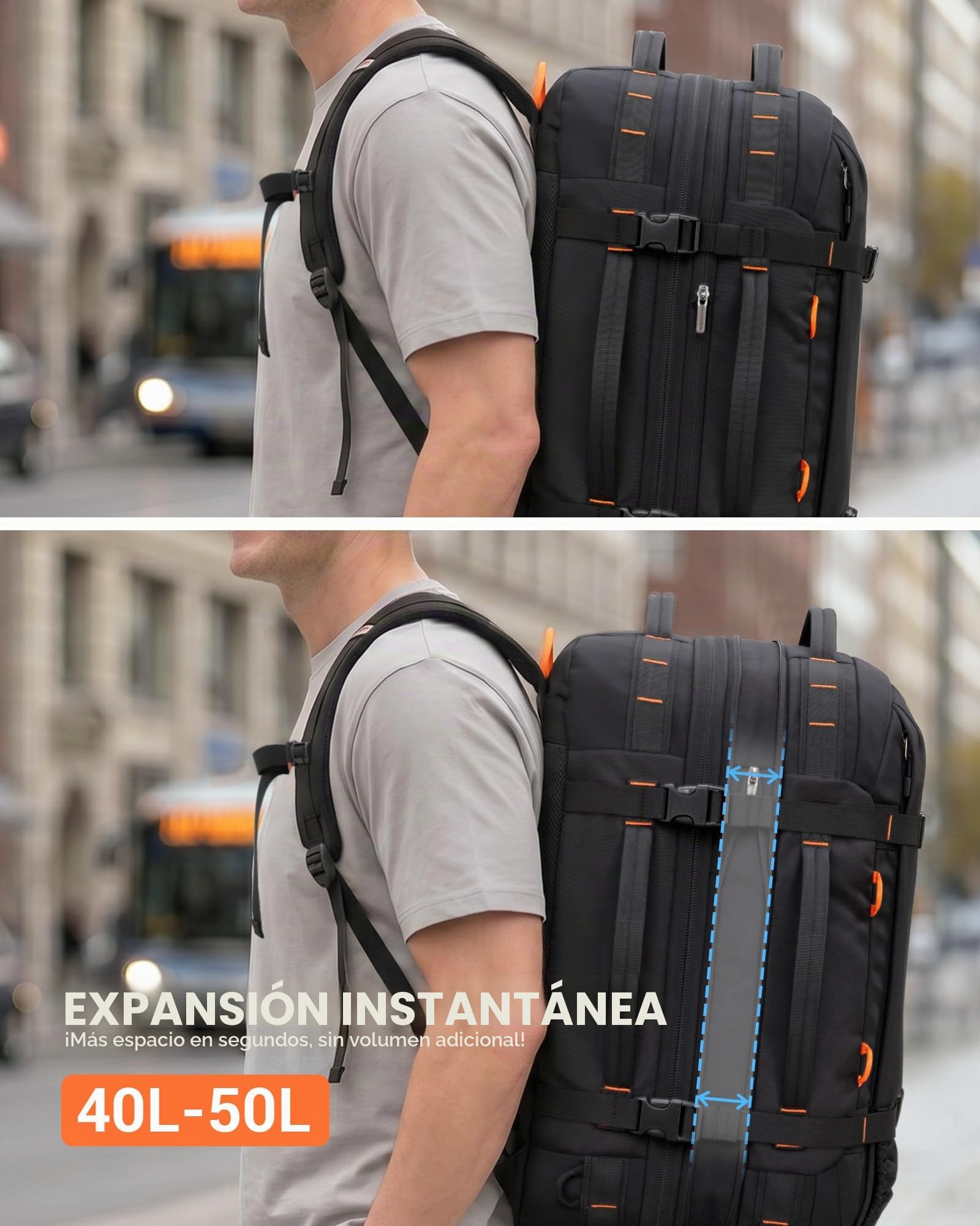 Tolaccea Mochila de Viaje 40L-50L Cabina Avión, Mochila Grande para Portátil 15,6", Impermeable para Hombre y Mujer, Trabajo y Excursión