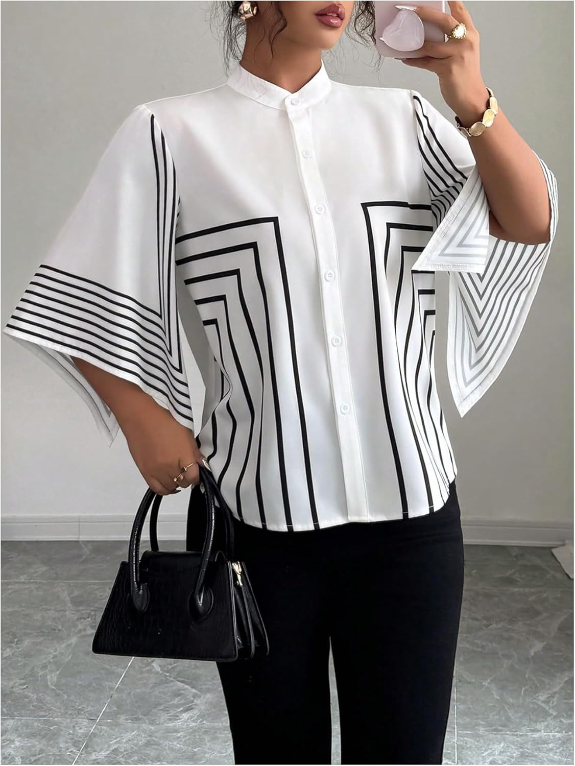 GORGLITTER Women's Dressy Work Blouse Button Up Striped Print Split Half Sleeve Business Corporate Outfits 2025 - Image 4