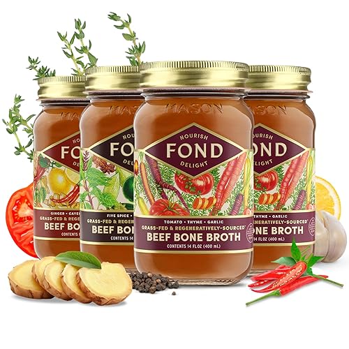 FOND Caldo regenerativo de hueso de res alimentado con pasto  Caldo de carne a fuego lento para un sabor rico y nutritivo, rico en nutrientes,