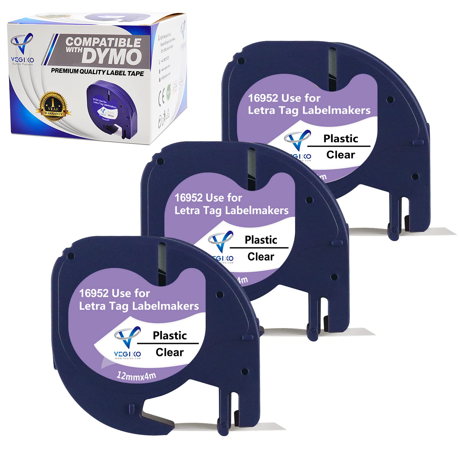 3 Pack LetraTag Black on Clear Plastic Label Tape-12mm X 4m, Replacement for 16952 (S0721510) Dymo ‎Label Printer Tape, Compatible with Dymo Label Maker LT100H LT100T QX50.