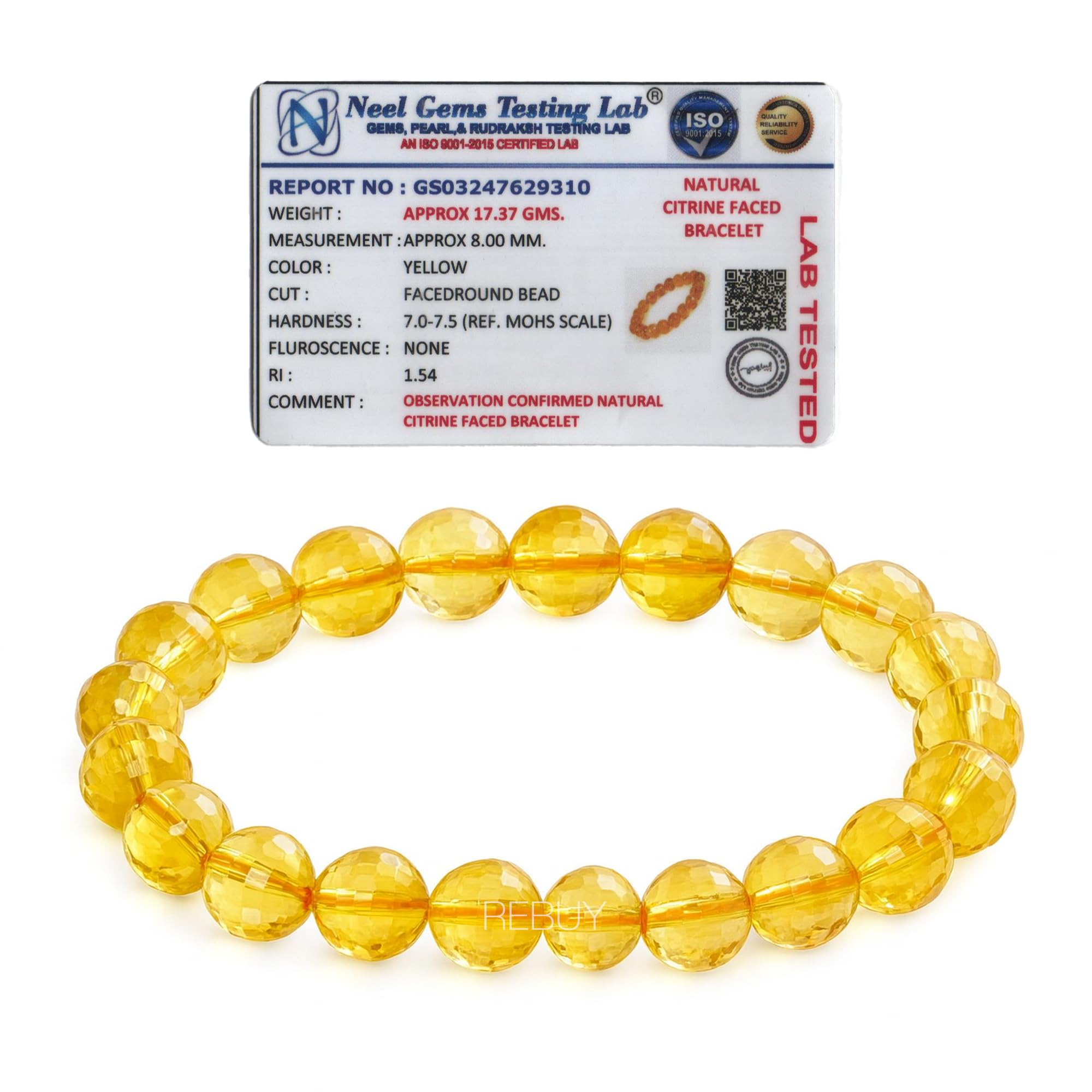 REBUY Citrine Bracelet | Natural Crystal Healing Gemstone Attracts Wealth & Success, Promotes Positivity & Confidence | Certificate of Authenticity Natural Citrine Stone Bracelet for Men & Women | 8mm