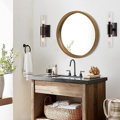 Miniatura 195 de JJUUYOU Espejo circular de pared redondo para baño, espejo de tocador marrón rústico, pequeño círculo decorativo para pared, marco de madera, espejo