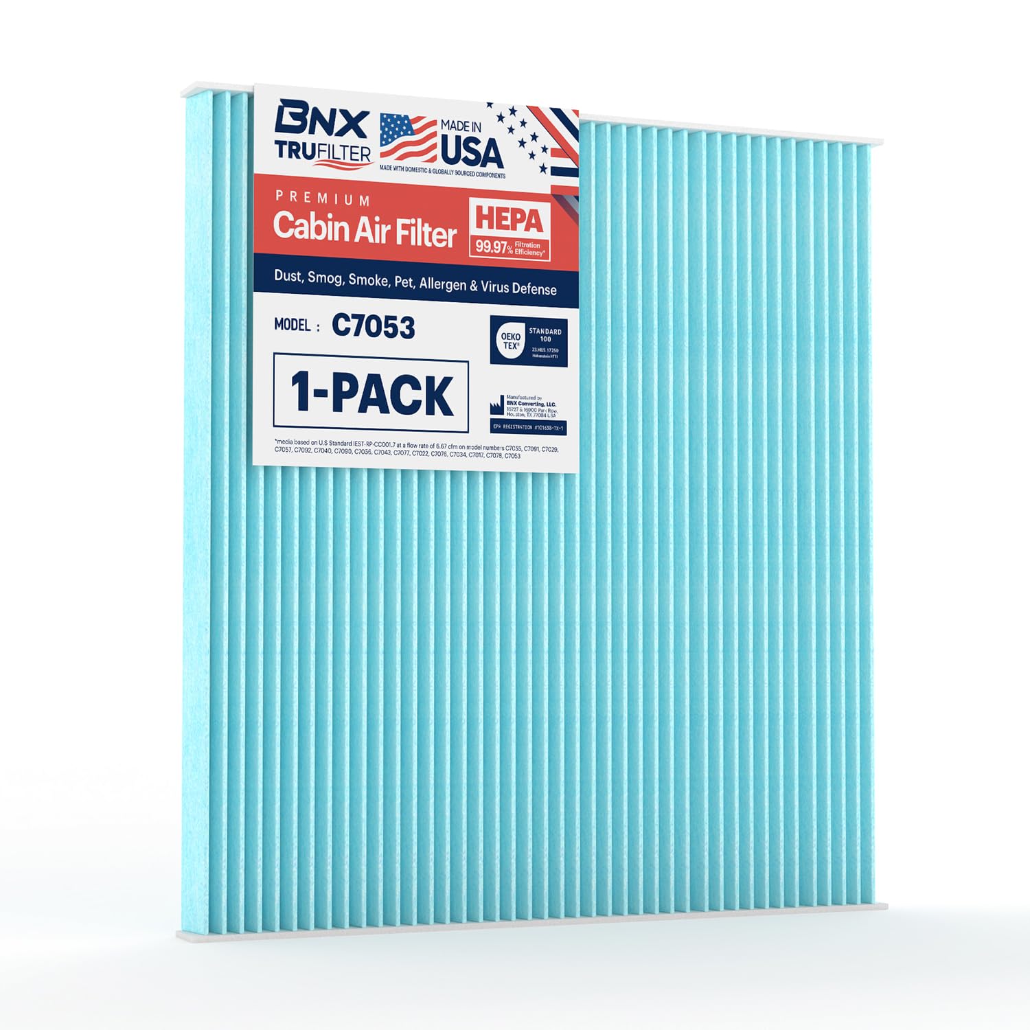 BNX TruFilter C7053 Cabin Air Filter, HEPA 99.97%, MADE IN USA, Compatible With Nissan: Altima 2007-2012, 2009-2014 Maxima, 2009-2014 Murano, 2011-