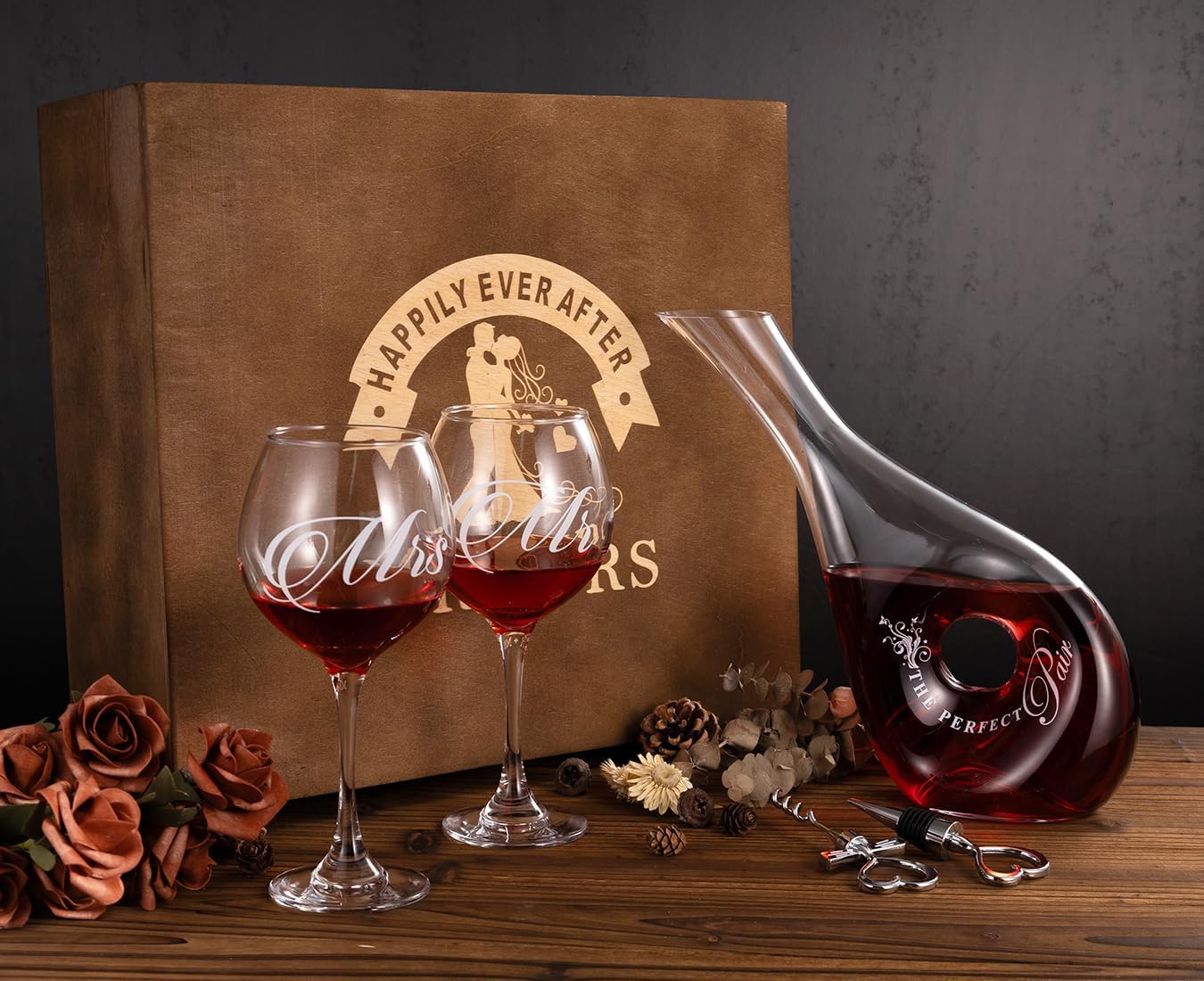 Wedding Engagement Gifts for Couples, Wedding Wine Glasses & Wine Decanter Set Engraved with Mr and Mrs for Bridal Shower Christmas Housewarming 2025