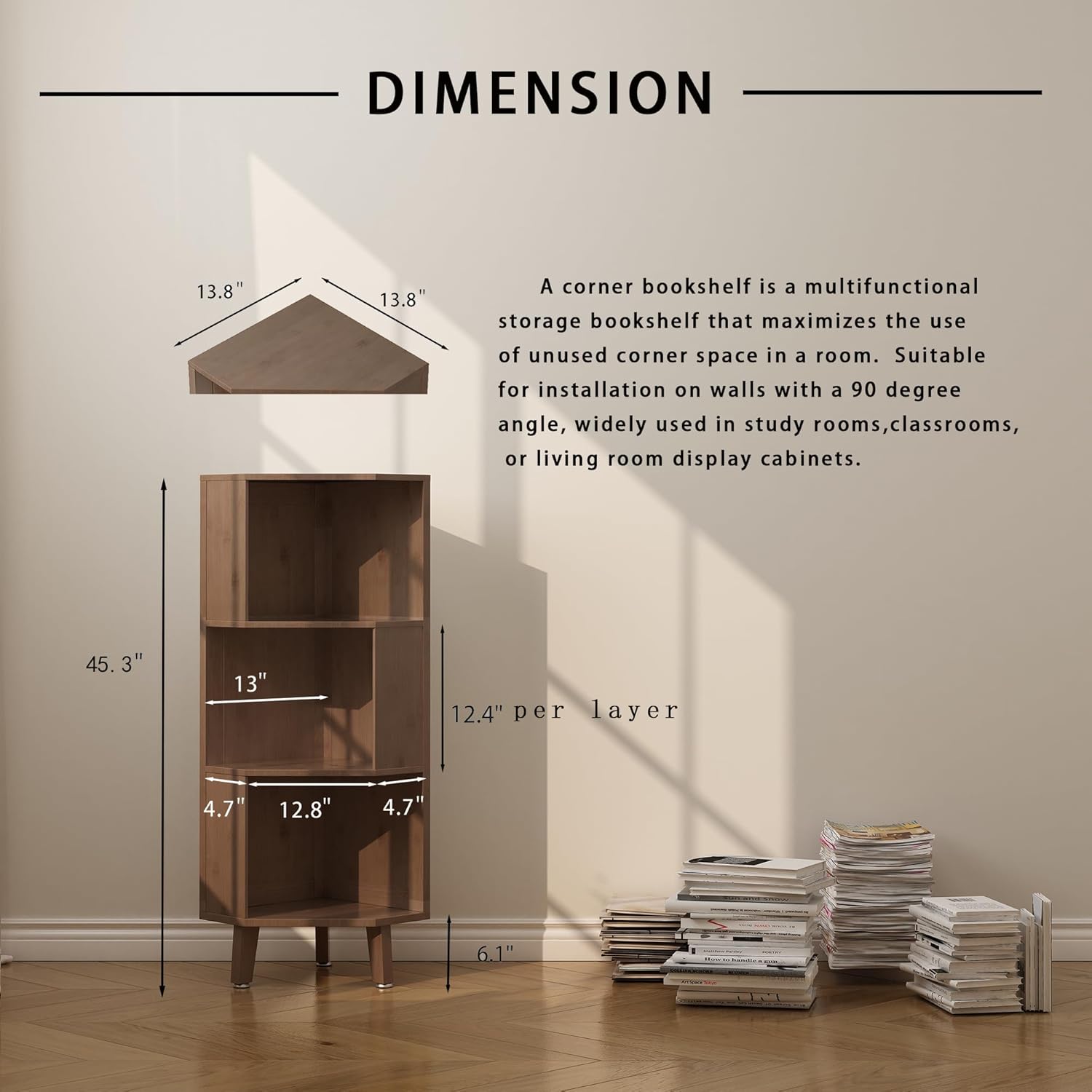 3 Tier Corner Bookshelf, 45.3’’ Tall Bamboo Corner Bookcases with Storage Display Rack for Home Office, Living Room, Study Room (Brown)