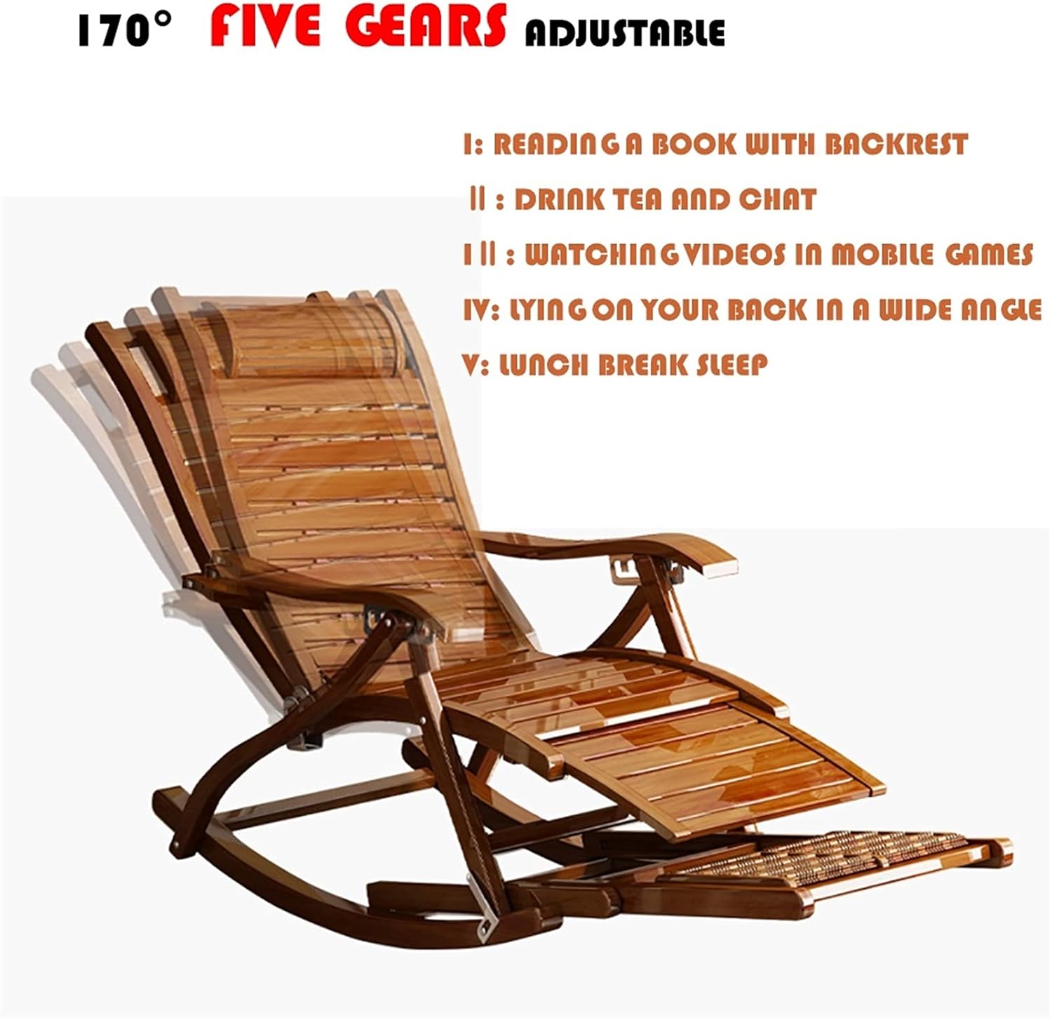 Rocking chair,Multifunction Sun Lounger Chair & Recliners,wooden folding chairs with padded seats outdoor,Patio Recliner Adjustable Reclining Chairs,Brown,Ergonomically designed S-shaped backrest