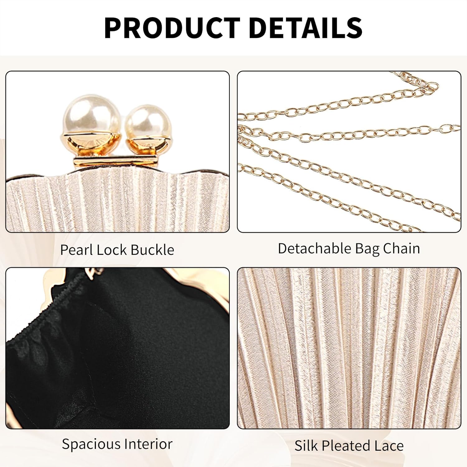 Women Mini Pleated Seashell Evening Clutch Handbag,Clutch Bag,Pearl Clutch,With Chain Strap