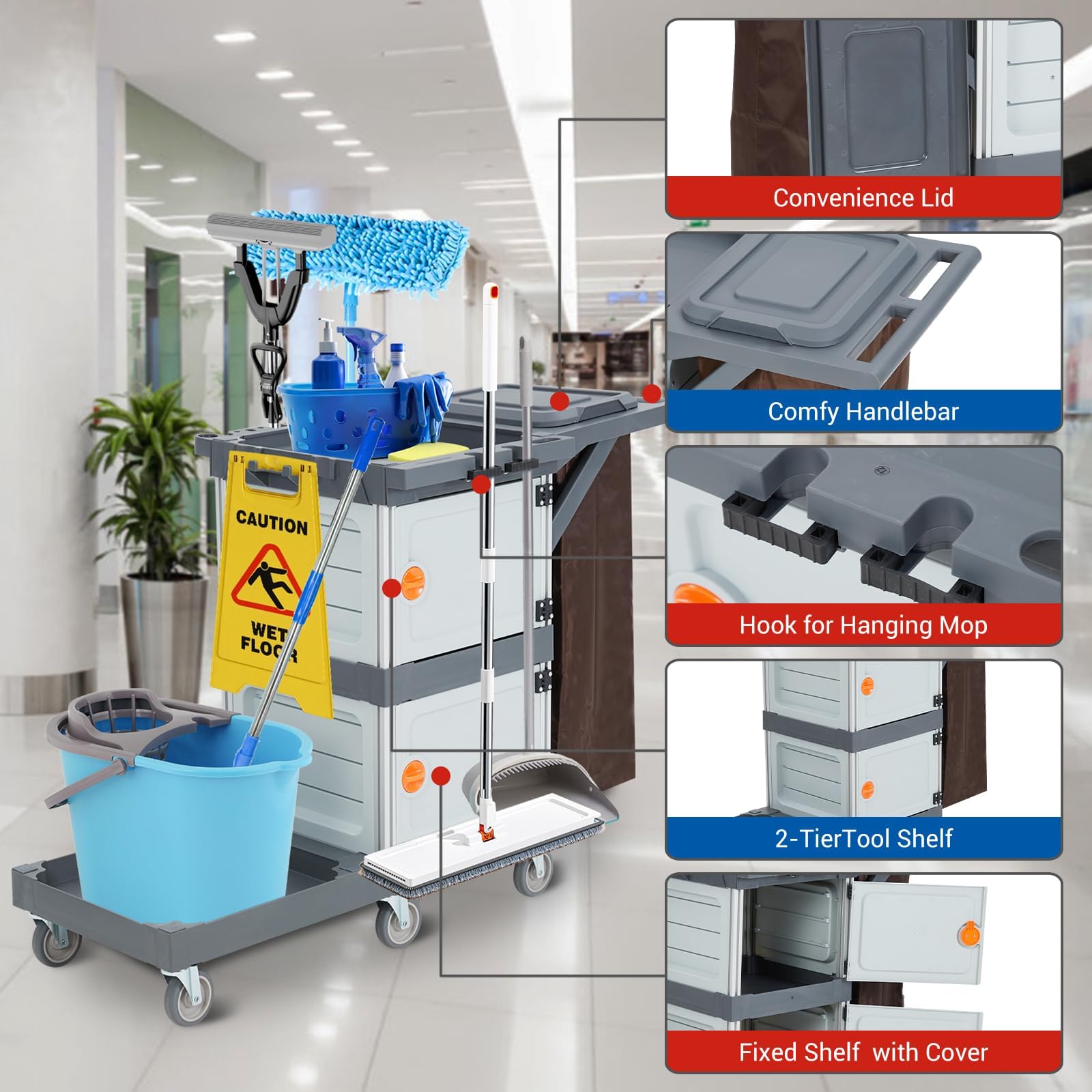 Garvee Reinigungswagen mit 6 Rollen – 2 Schränke, 3 Ablagen, Vinylsack – 300 kg Kapazität, Putzwagen für Hotels, Krankenhäuser, Büros – Gewerblicher Reinigungswagen, 130 x 55 x 93,5cm
