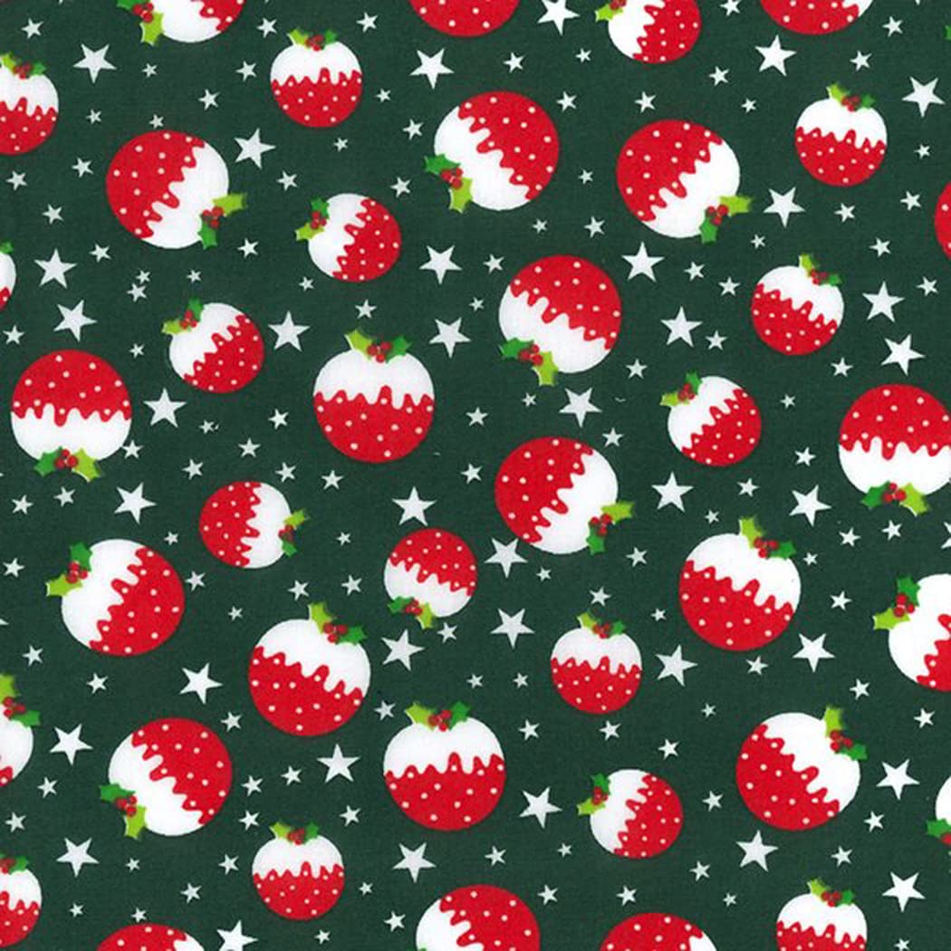 Christmas Fabric - Christmas Puddings on Green - Polycotton Xmas Craft Fabric Material Metre