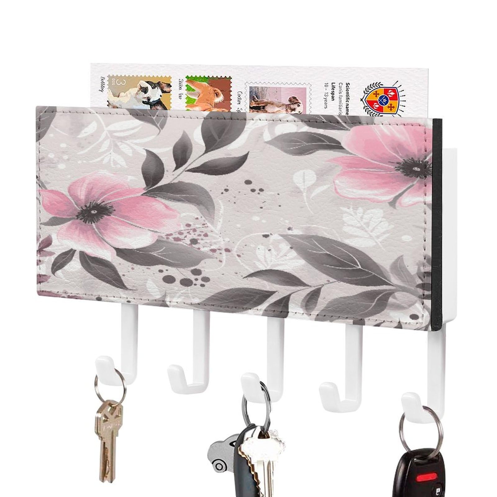 Pink Flowers And Leaves on Gray Key Holder Wall Mount Decorative Key And Mail Holder with 5 Hooks Key Hanger Organizer Pu Key Rack Decorative Home Decor for Wall Living Room Entryway Office White-styl