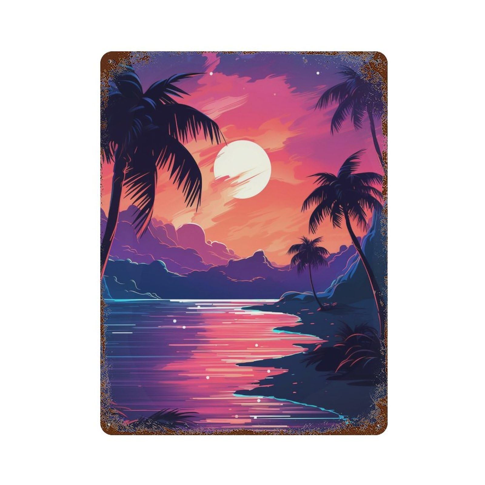 Rust Effect Neon Sunset Palm Beach -1 Rustic Tin Plaque 15.7"x11.8", Classic Wall Plaque for Shed, Workshop And Garage Wall Decor