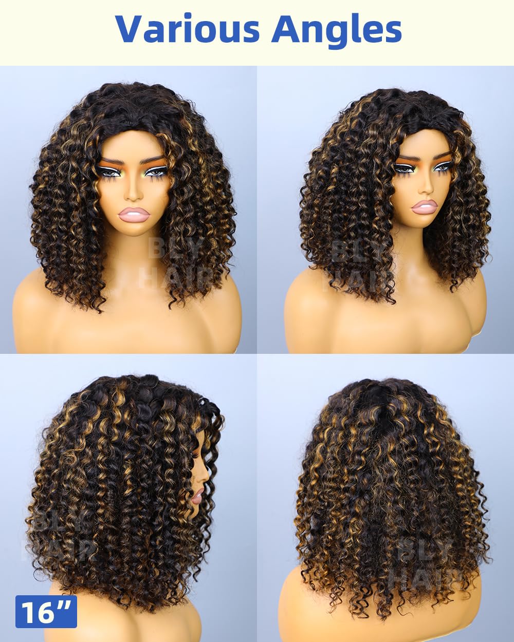 BLY Highlight Water Wave Half Wig Human Hair 3 in 1 Glueless Drawstring Flip Over Wear Go Wig for Women 1B 30 Color 180 Density Short Bob Wigs 14 Inch