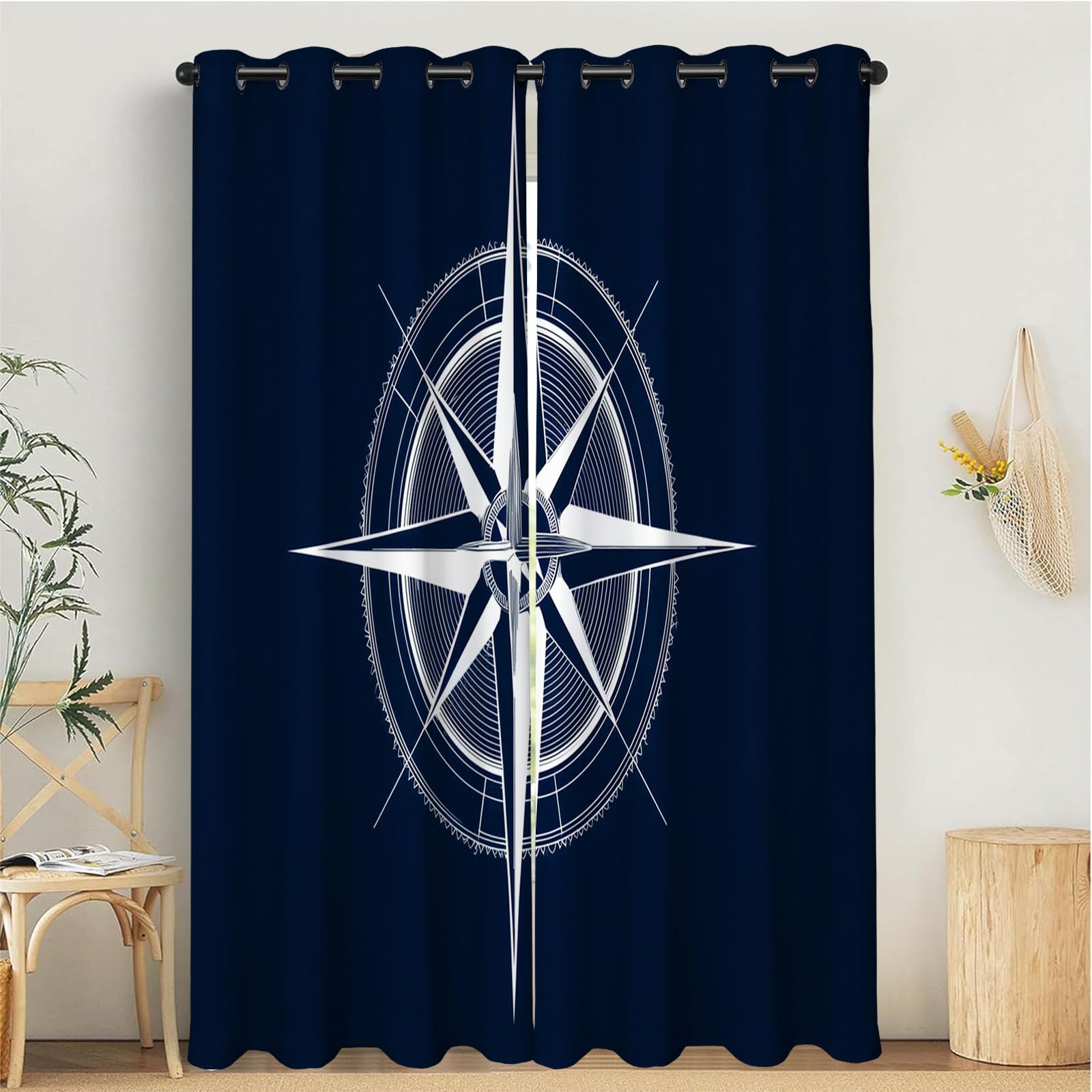 Rideau Occultant Art Vectoriel, Décoration Bleu Marine, Rideau Thermique Motif Rose des Vents, Lot de 2 Rideaux Opaque à Oeillets pour Fenetre Chambre Salon, 140L X 225H cm