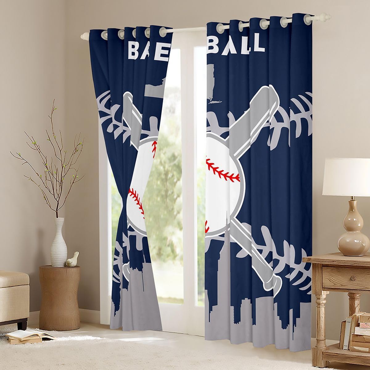 Erosebridal Basebal Team Curtain 42x84 inch for Boys Youth Men,Kids Baseball Window Curtains for Gift,Retro Sports Window Treatments,Ball Bat Patchwork Shades Drapes 2 Panels
