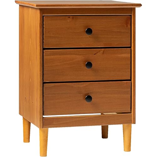 Walker Edison Traditional Wood 3 Drawer Nightstand Side Table Bedroom Storage Drawer and Shelf Bedside End Table, 18 Inch, Caramel