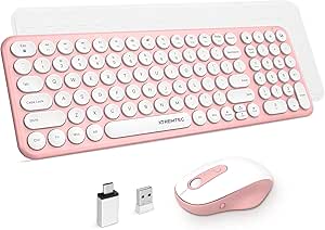Wireless Keyboard and Mouse, XTREMTEC Compact Full Size Cute Keyboard Retro Round Keycap - 2.4GHz Ultra-Slim Quiet Aesthetic Keyboard for Laptop iMac Windows Computer (Sakura Pink)