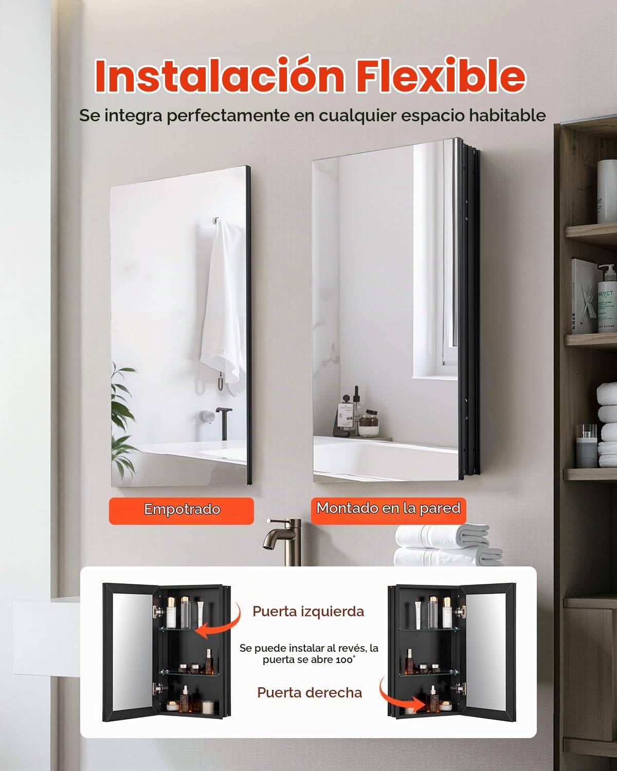 VEVOR Botiquín con Espejo para Baño con Puerta de Espejo y Estantes de Vidrio Ajustables, Instalación Empotrada y Montada en Pared, Aluminio, Organizador de Almacenamiento, 355 x 135 x 610 mm