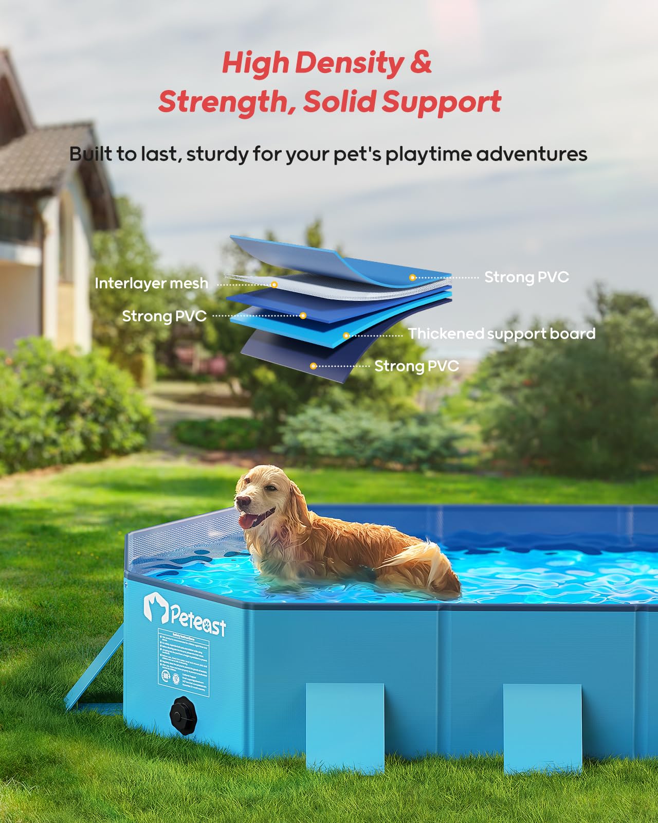 Peteast Piscina plegable para perros con diseño redondo robusto, bañera portátil extra grande duradera para mascotas de 180 cm de largo x 99 cm de ancho x 30 cm de profundidad con paredes laterales