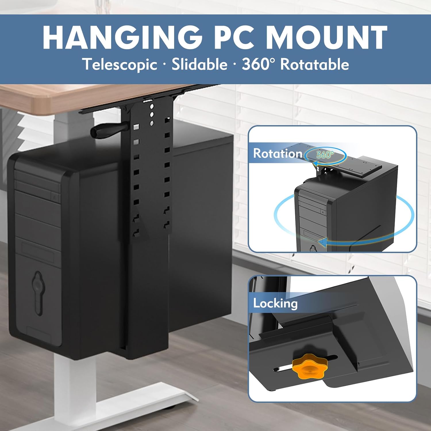 Under Desk PC Mount with Sliding Rail, 55 lbs Load Capacity, Height and Width Adjustable CPU Holder with 360° Swivel, Computer Case CPU Machine Holder Stand with Swivel and Secure Locking