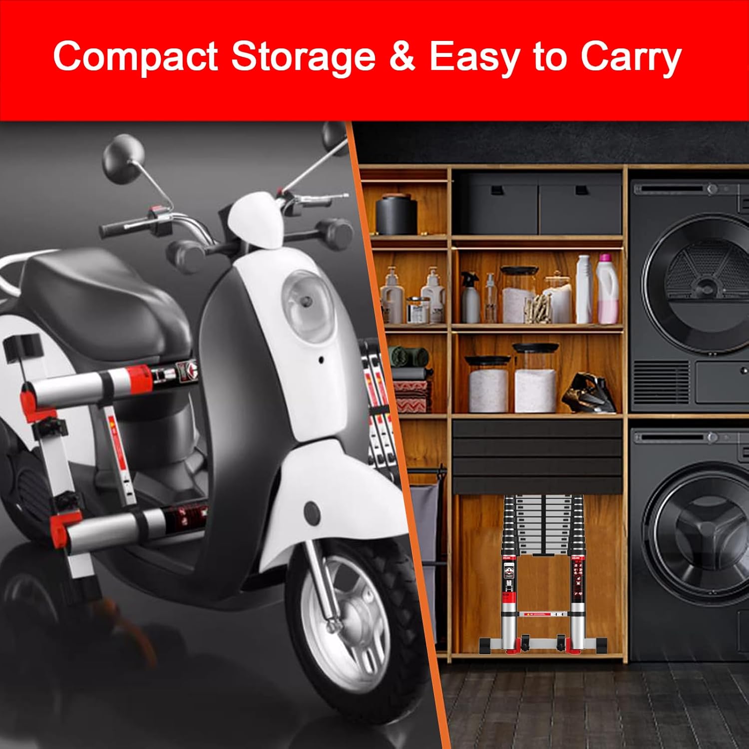 Telescopic Aluminum Ladder Portable Folding Ladder with Wheels & Balance Rod Multi-Purpose Extending Ladder for Home Office and DIY Projects