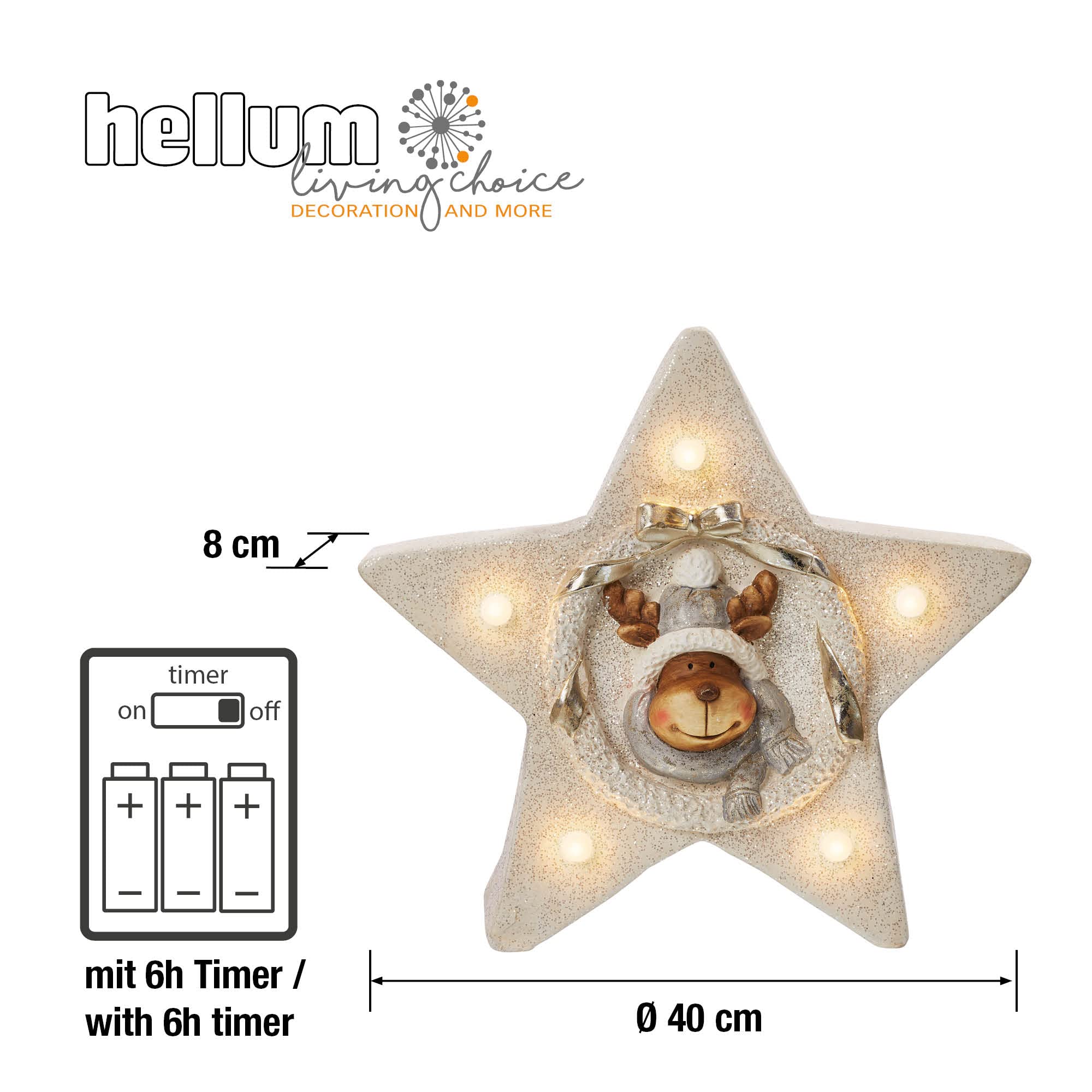 Hellum LED Dekofigur Stern mit Rentier, mit Timer, Weihnachten, warmweiß, batteriebetrieben (3xAA Nicht inkl.), 52x45x25cm, für Innen, Winter-Dekoration, 524048