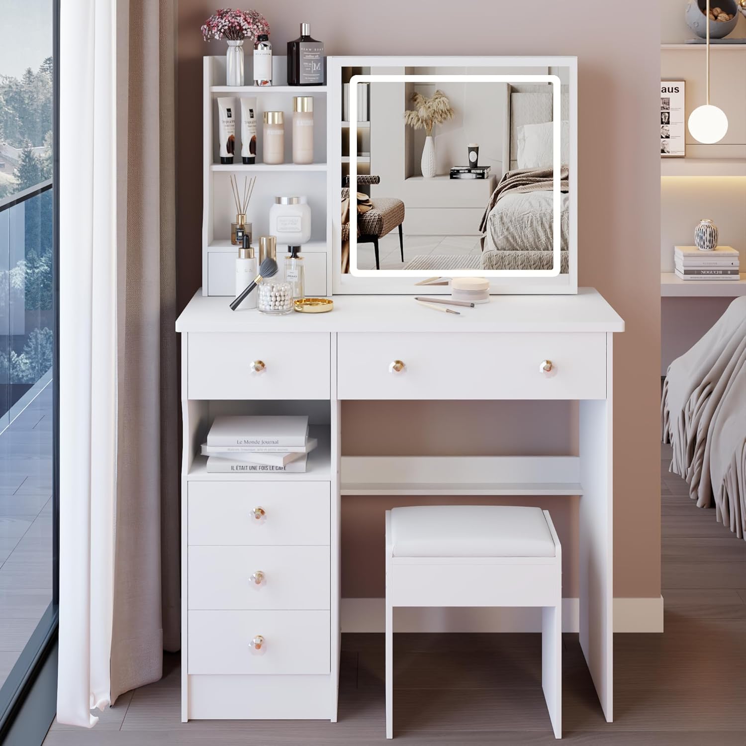37" Vanity Desk with Mirror and Lights, Makeup Table with Led Lights and Sliding Mirror, 3 Lighting Colors, Vanity Set with 6 Drawers and Stool for Bedroom, White