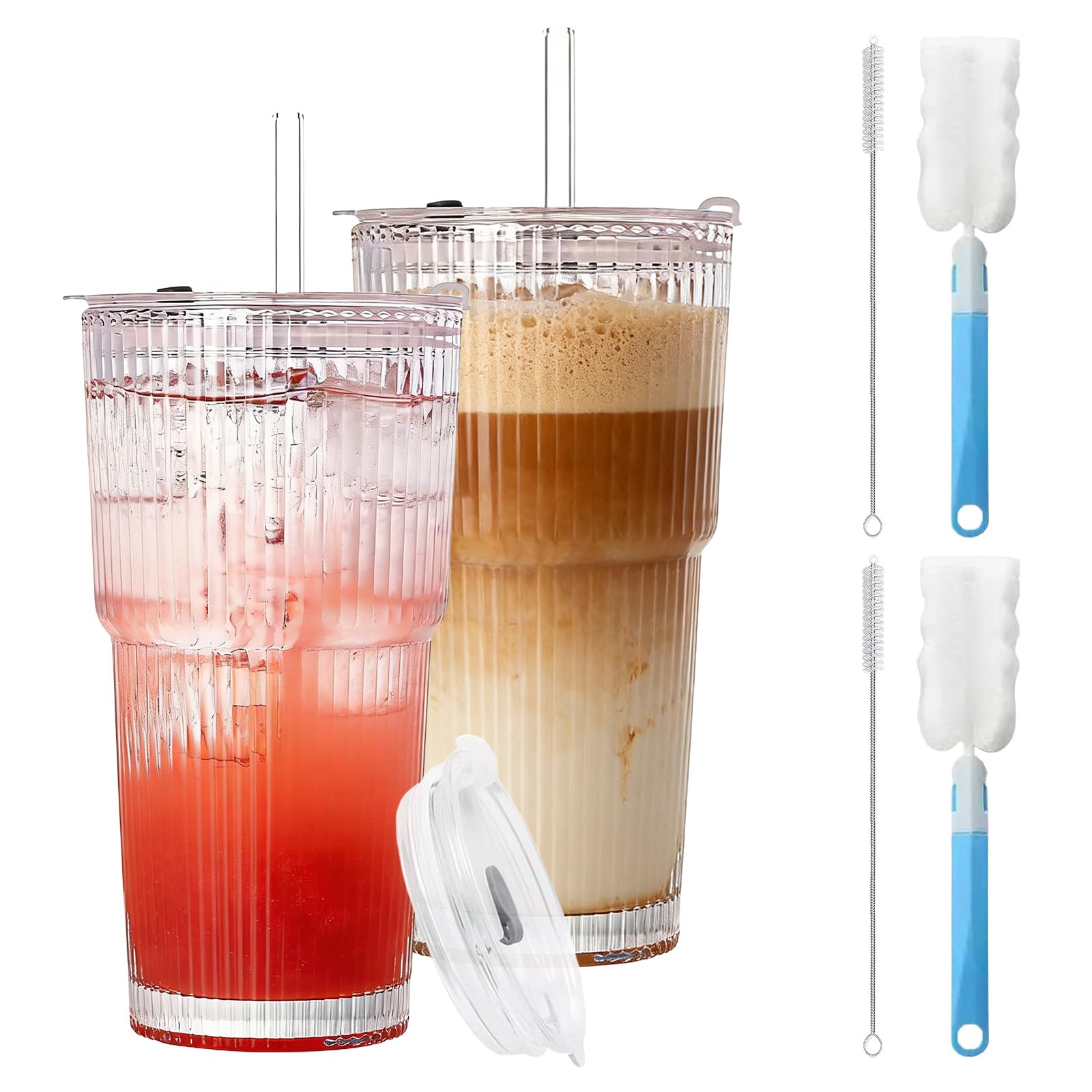 2Pack 20oz Glass Tumblers with Lids and Straws, Stylish Ribbed Drinking Glasses, Thickened Glassware Set, Iced Coffee Cups, for Juice, Smoothies, Cold Beverages, Include 4 Cleaning Brushes - 2Pack - 20oz-Ribbed