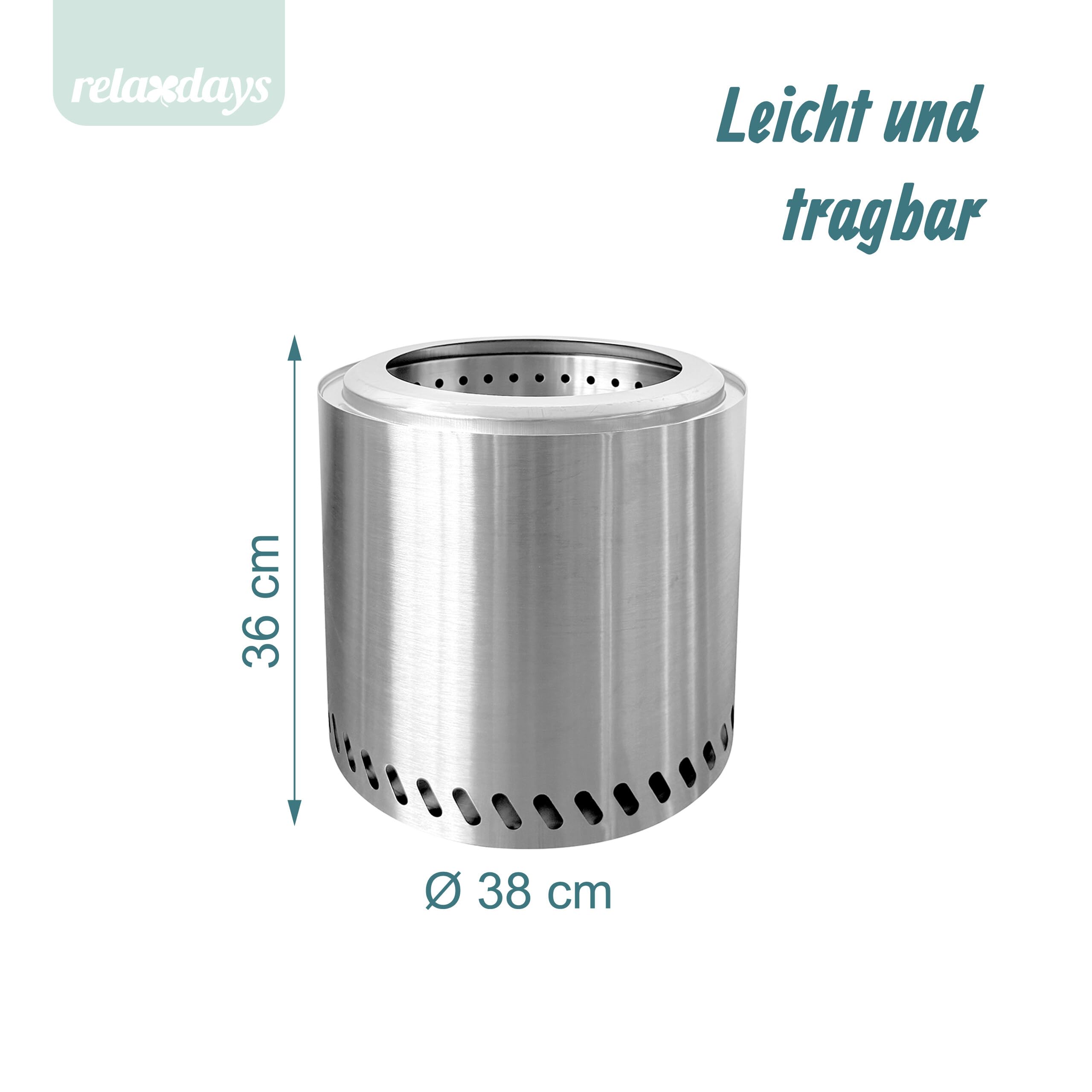 Relaxdays Feuerschale ohne Rauch, Edelstahl, HxD: 36 x 38 cm, Aschebehälter & Tasche, rauchfreie Feuerstelle, Silber