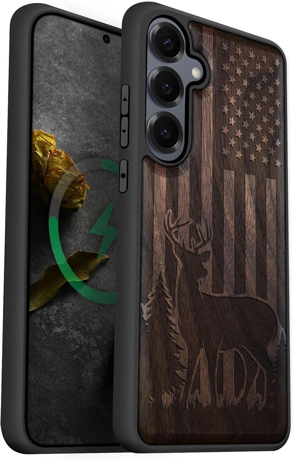 Carveit Magnetic Wooden Case for Galaxy S25+ Samsung S25 Plus Case, TPU Shockproof Cover & Wood Engraved, Compatible with MagSafe Wireless Chargers (Patriotic Deer Silhouette) Walnut