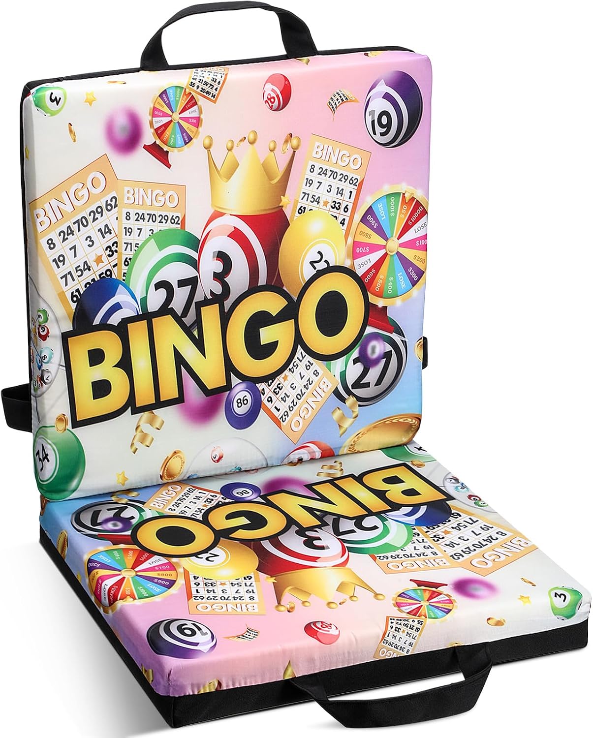 Thyle Bingo Jackpot Pattern Seat Cushion Extra Thick 4" Double Seat Cushion with Strap & Handles Comfortable Folding Chair Pillow for Bingo Nights