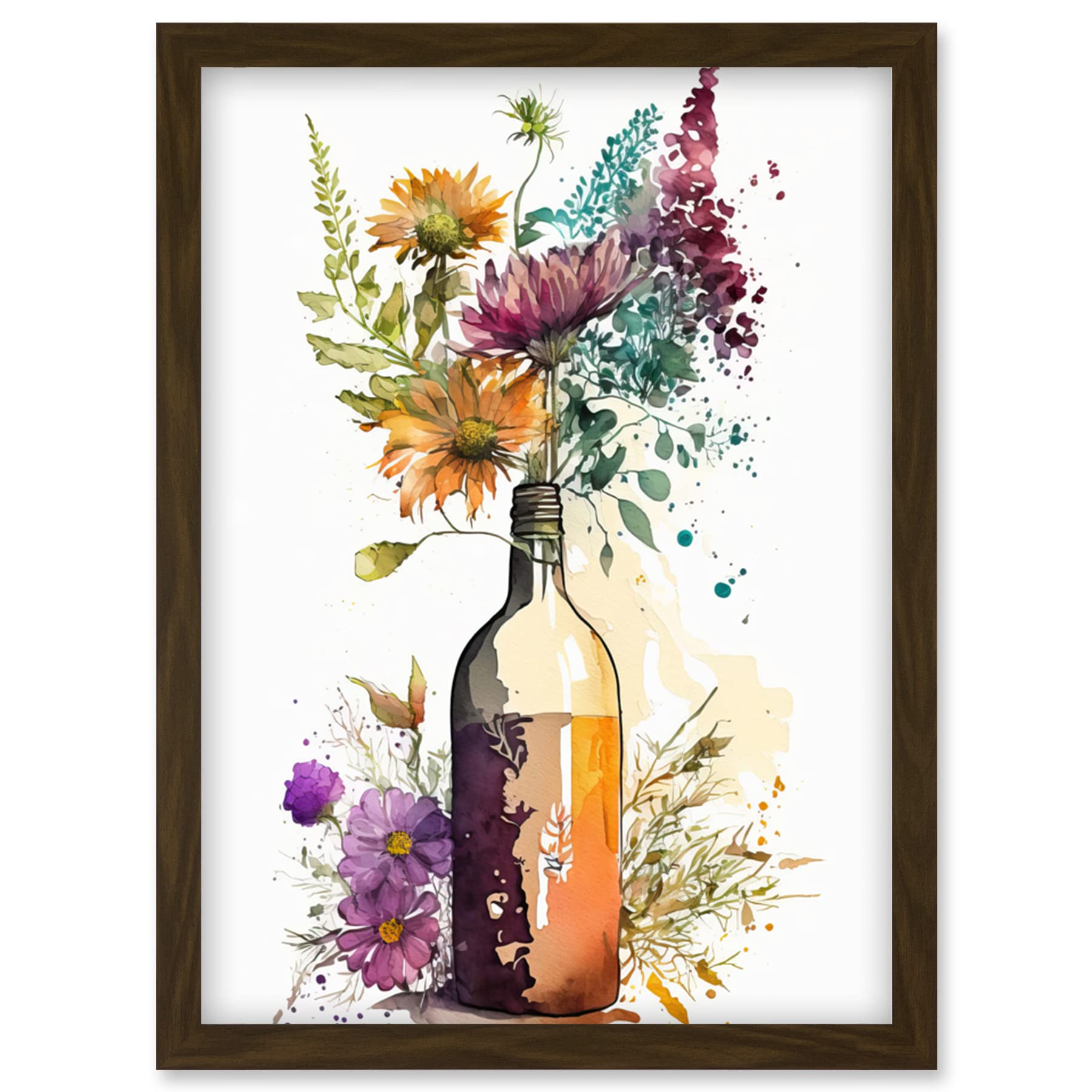 Artery8 Spring Wildflower Bouquet in a Glass Wine Bottle Artwork Framed Wall Art Print A4