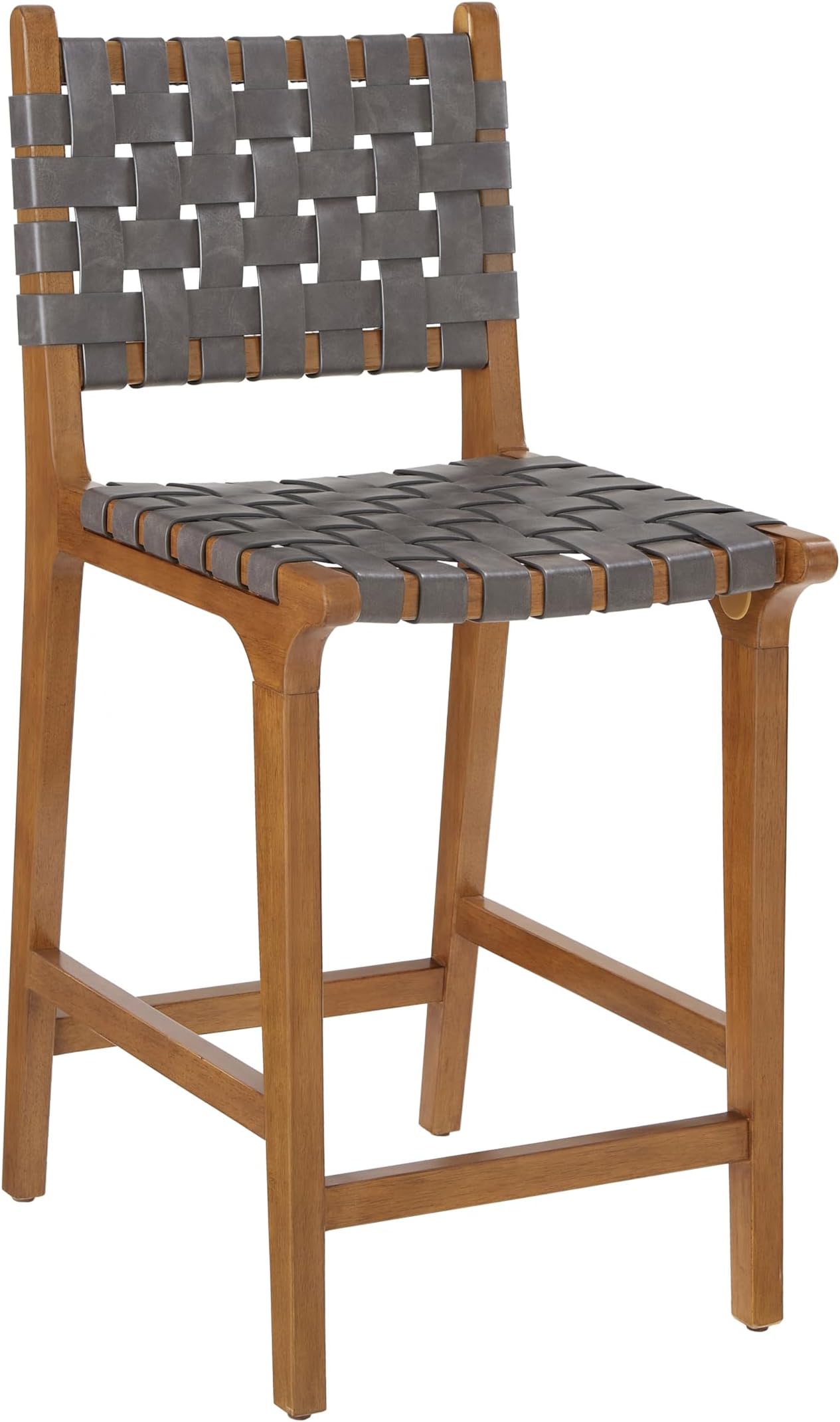 Ball & Cast Woven Counter Stool Kitchen Counter Height Barstool Backrest Wooden Weave Stool, Dark Grey Faux Leather