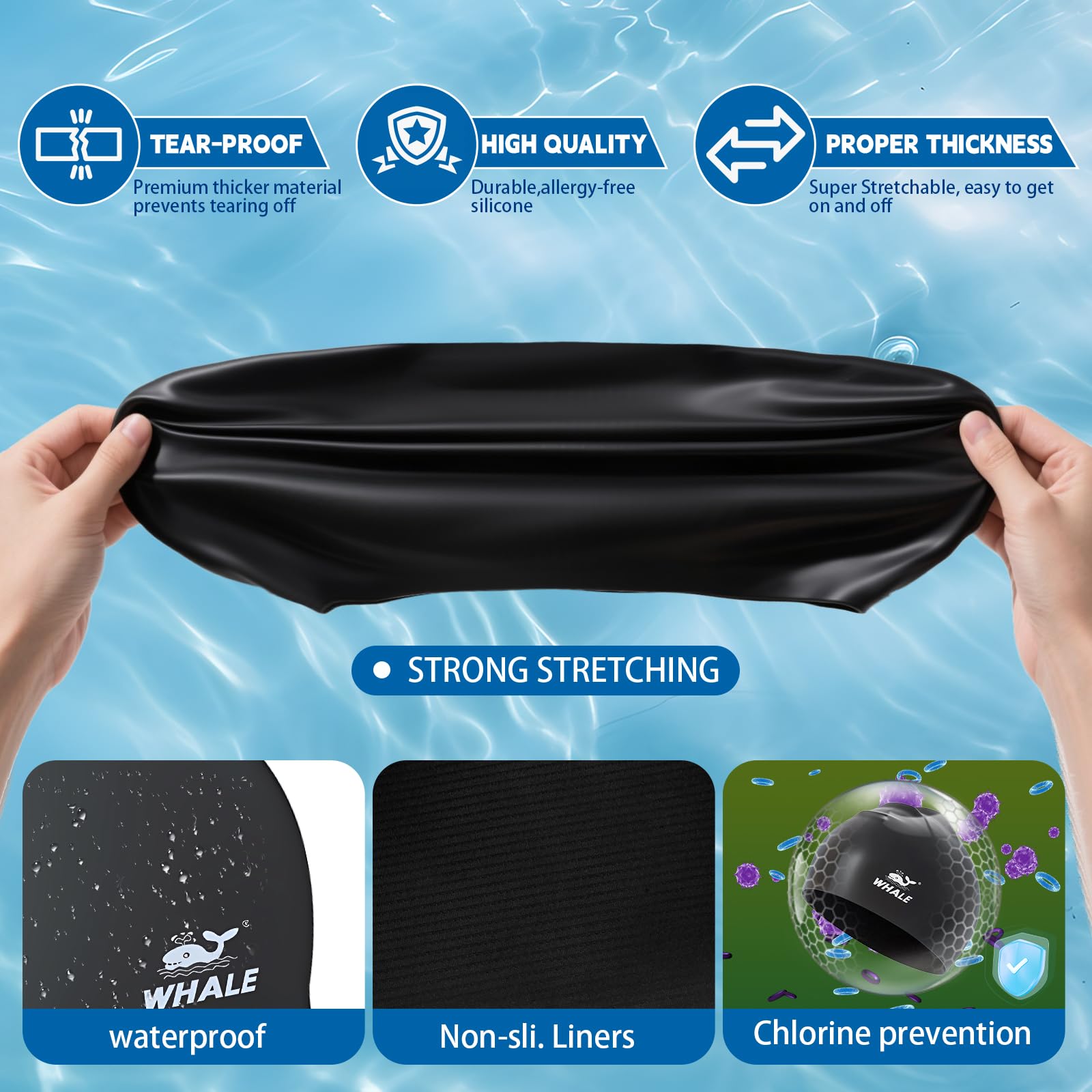 WHALE Silikon-Badekappe, wasserdicht, Mütze mit Ohrenschutz, rutschfest, hohe Elastizität, hält das Haar trocken, Unisex, große Größe, geeignet für langes Haar, lockiges Haar und afrikanische