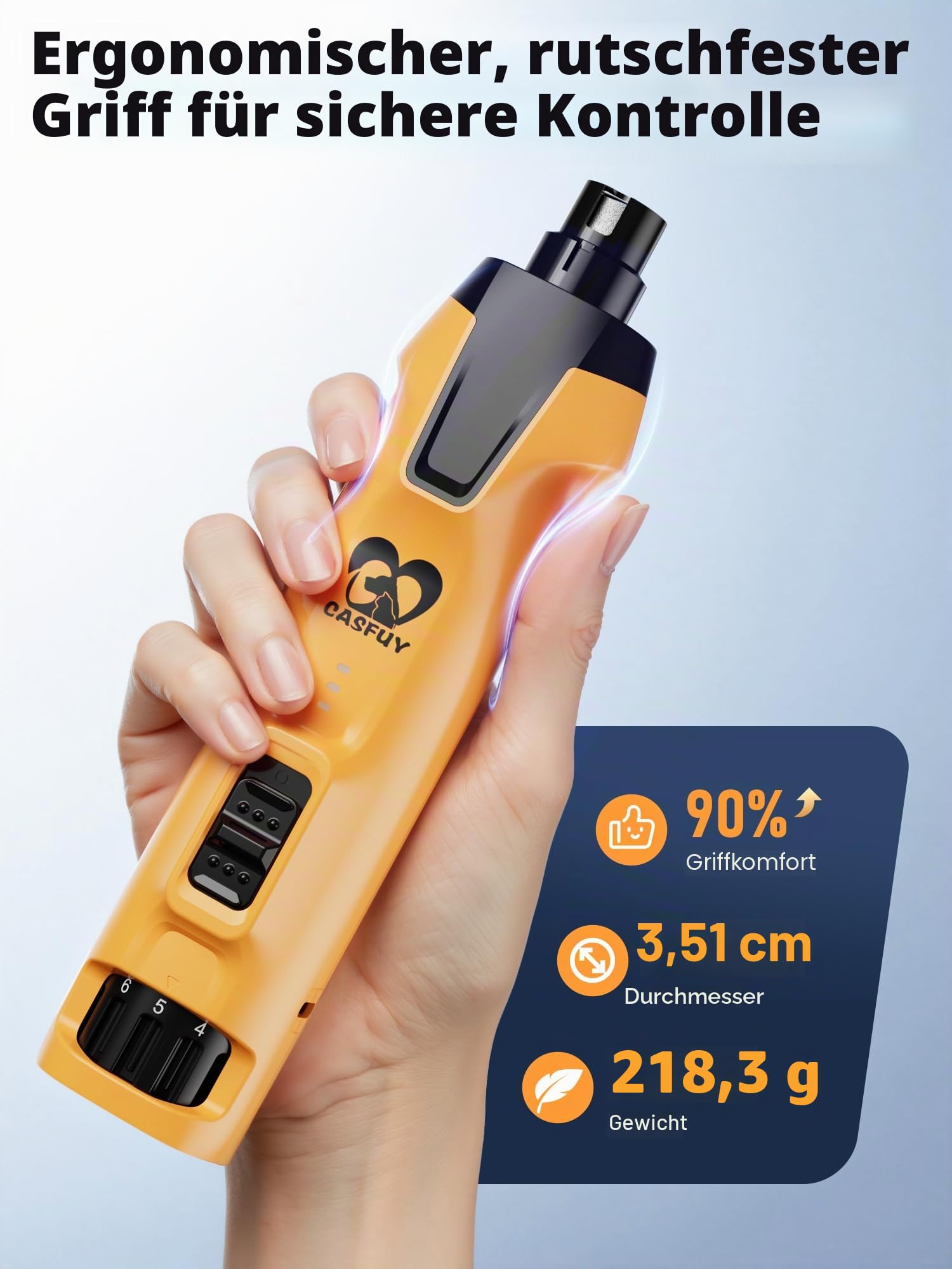 Casfuy 6-Gang-Hunde-Nagelschleifer - 50% Boosted Power Hund Nagelschneider Leise mit Dual-LED-Leuchten & Staubsammler & 4,8 V Kupfermotor Elektrische Haustier Zehennagelfeile Werkzeug für große