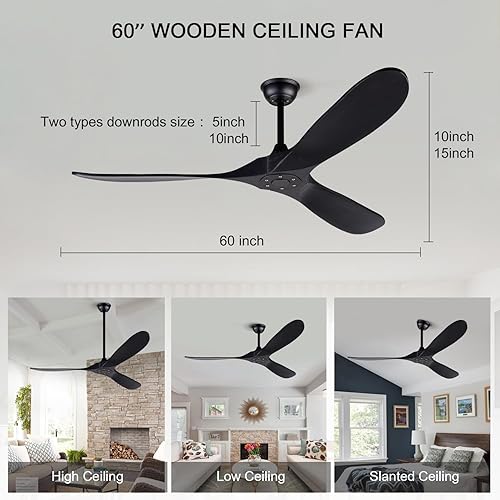 Miniatura 2 de BOJUE Ventilador de techo de madera de 60 pulgadas sin control remoto de luz, ventilador de techo de perfil bajo para interiores y exteriores con 3